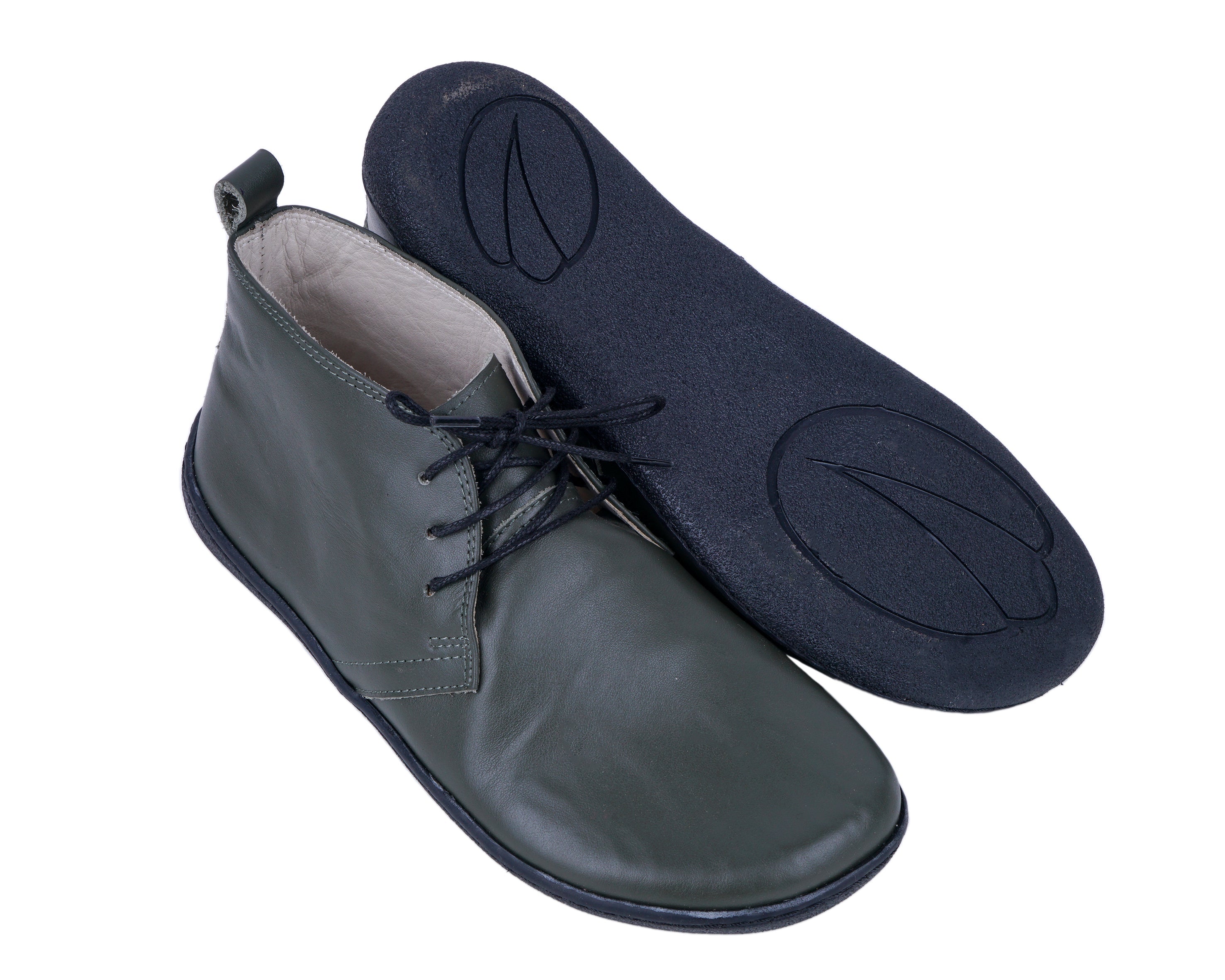 Green Ankle Boots Wide Barefoot Shoes Smooth Leather Handmade 6mm Rubber Outsole 