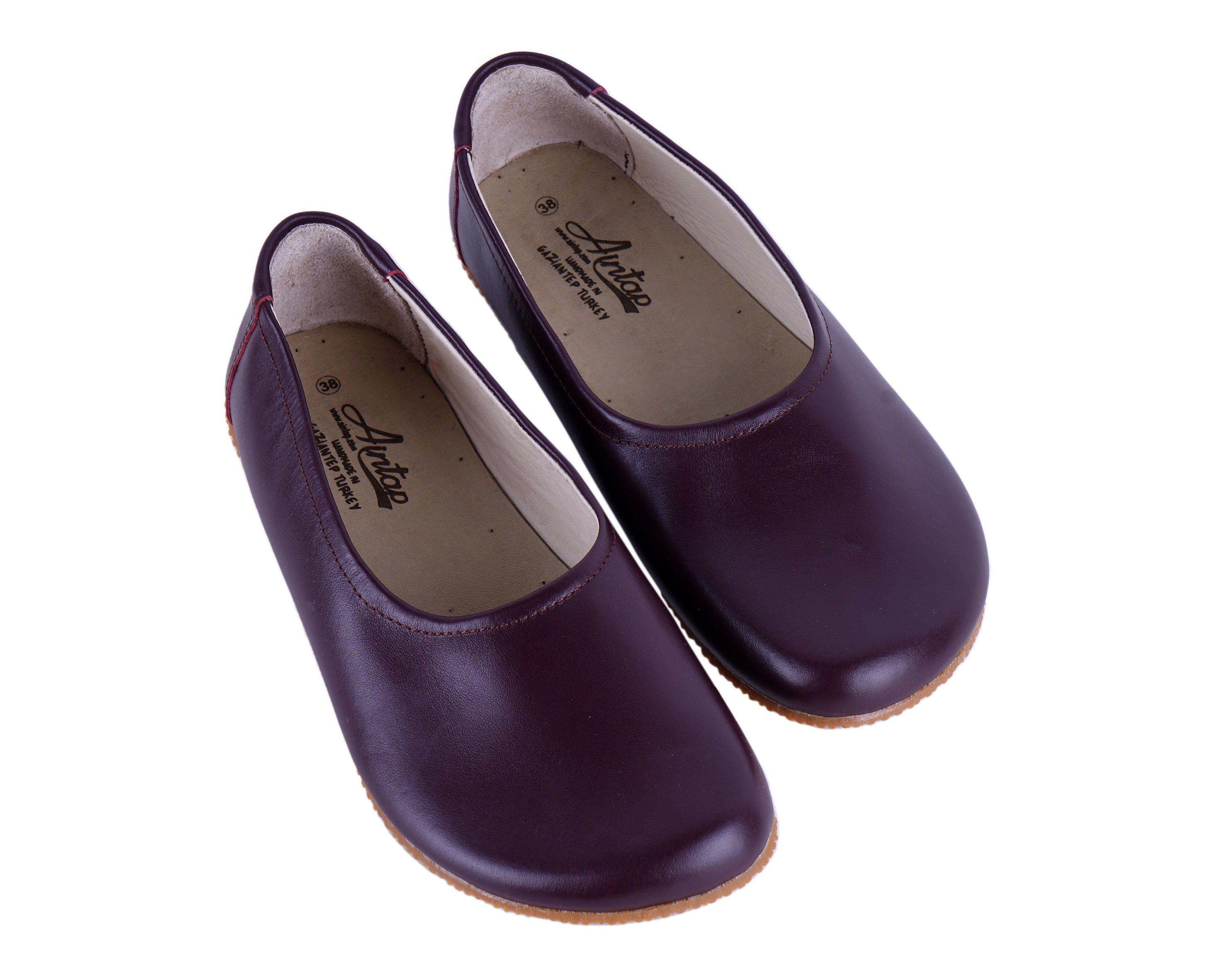 Burgundy Women Flat Ballets Wide Barefoot Smooth Leather Handmade 