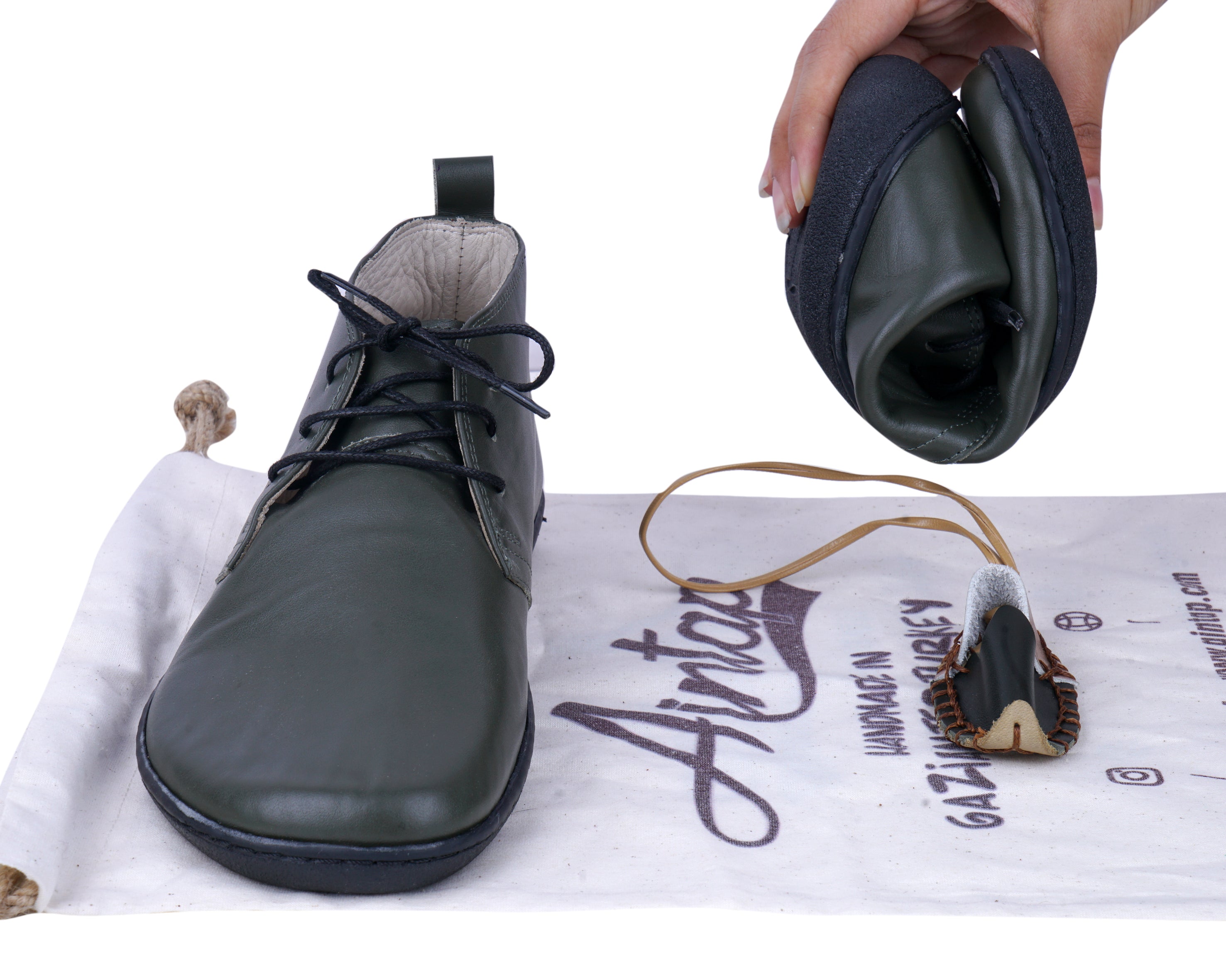 Green Ankle Boots Wide Barefoot Shoes Smooth Leather Handmade 6mm Rubber Outsole 