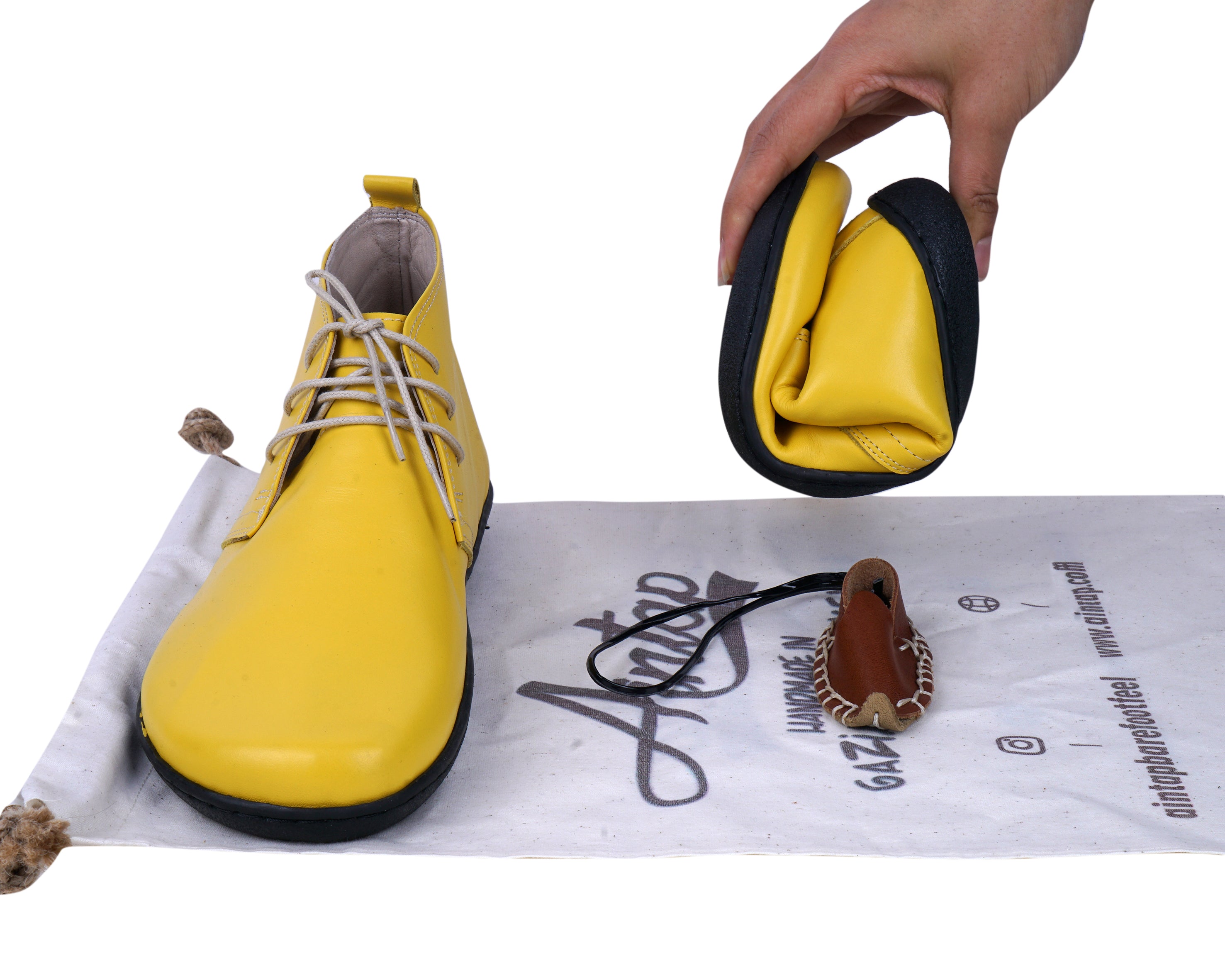 Yellow Ankle Boots Wide Barefoot Shoes Smooth Leather Handmade 6mm Rubber Outsole 