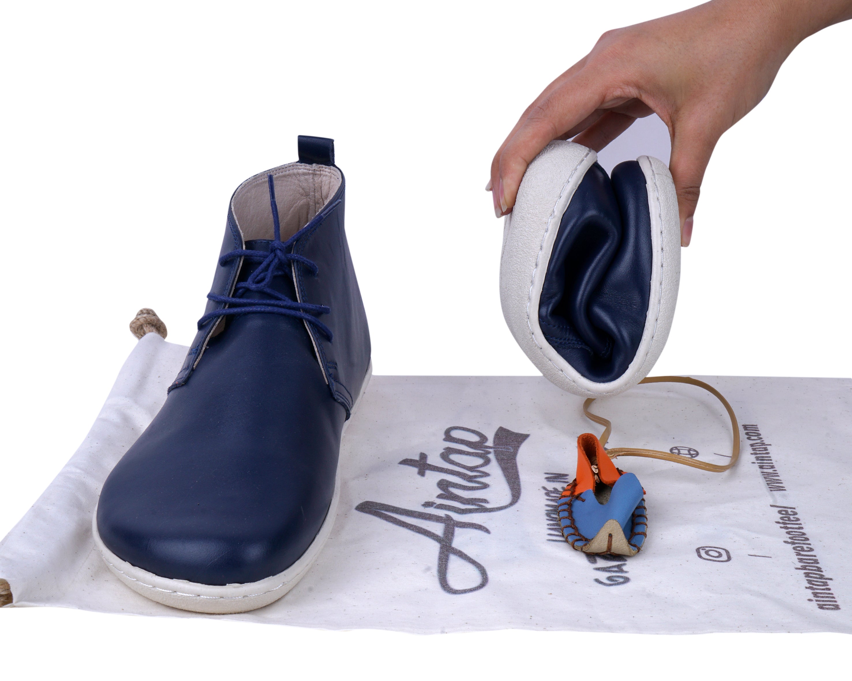 Navy Blue Ankle Boots Wide Barefoot Shoes Smooth Leather Handmade 6mm Rubber Outsole 