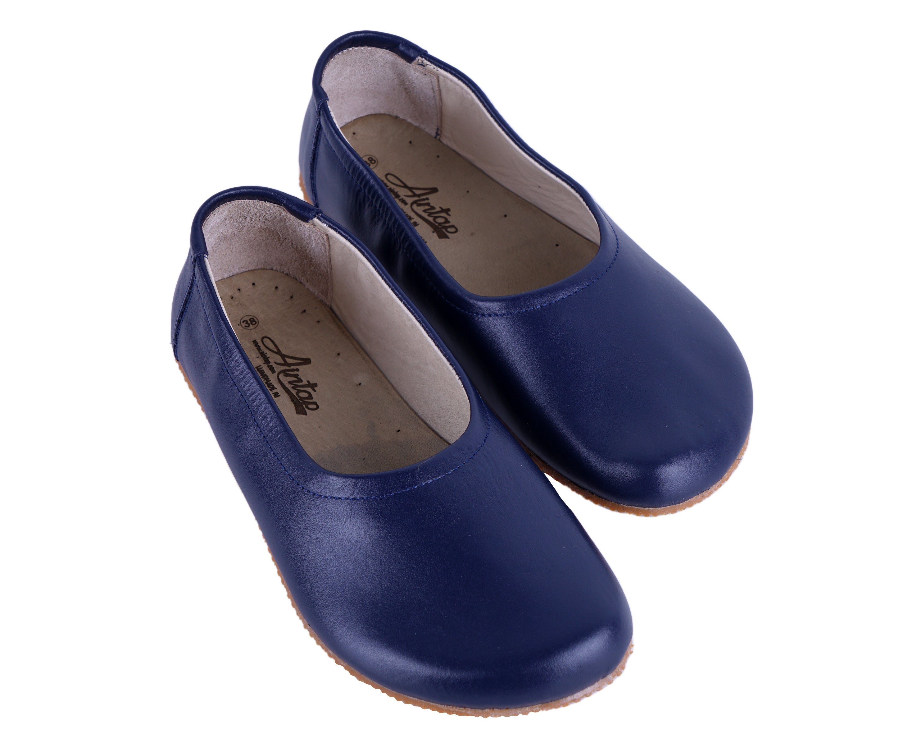 Navy Blue Women Flat Ballets Wide Barefoot Smooth Leather Handmade