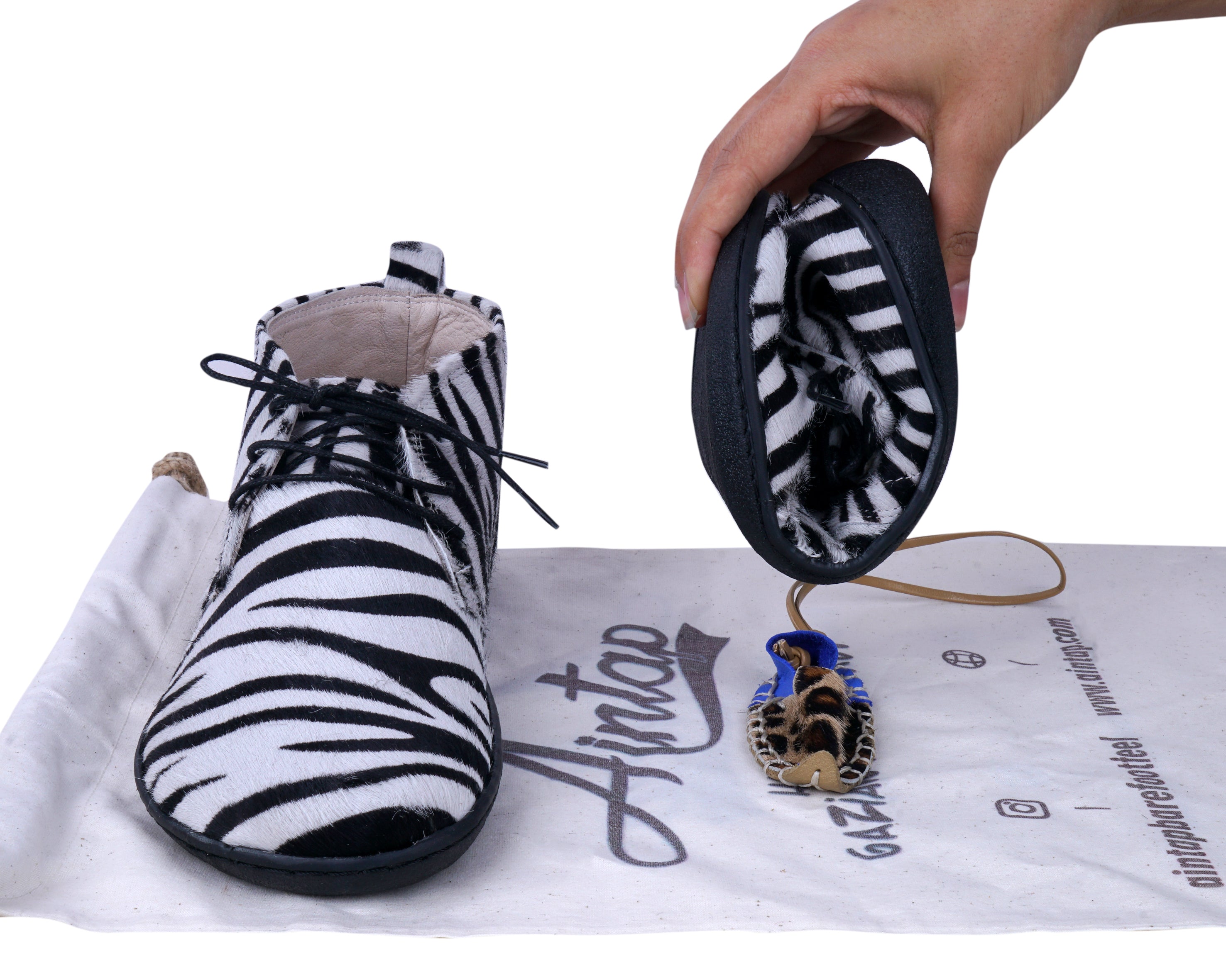 Zebra Ankle Boots Wide Barefoot Shoes Smooth Leather Handmade 6mm Rubber Outsole 