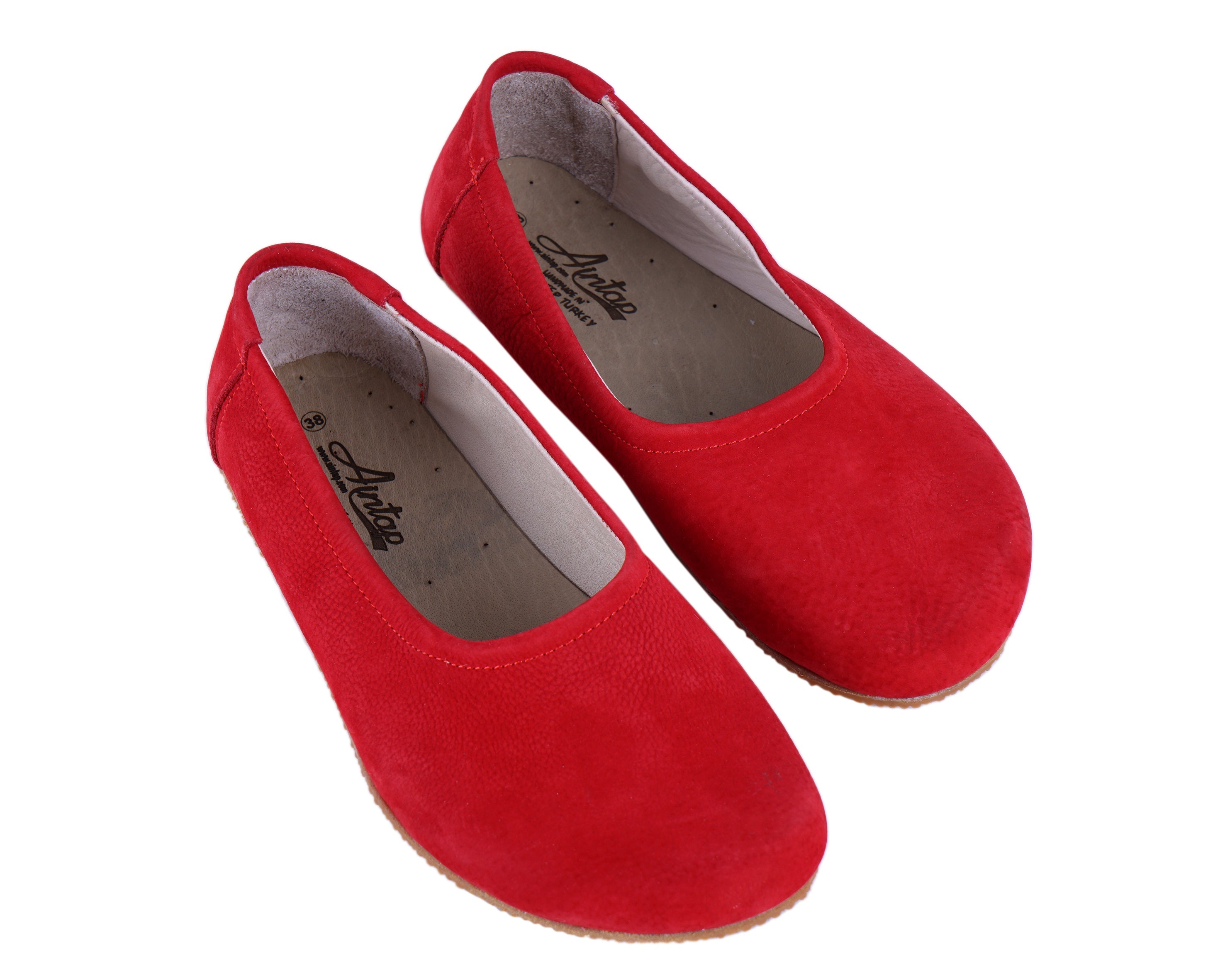 Red Women Flat Ballets Wide Barefoot Nubuck Leather Handmade 
