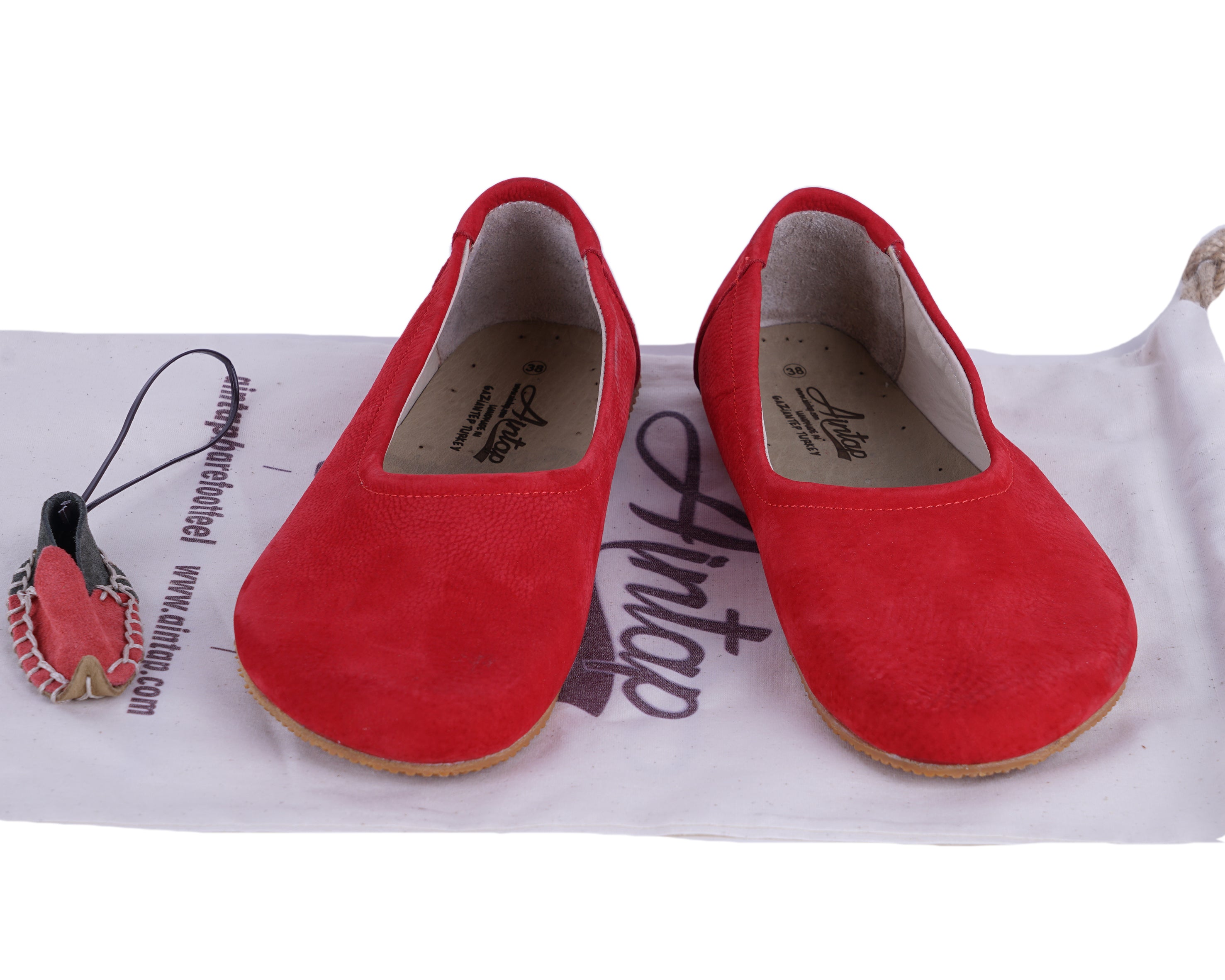 Red Women Flat Ballets Wide Barefoot Nubuck Leather Handmade 