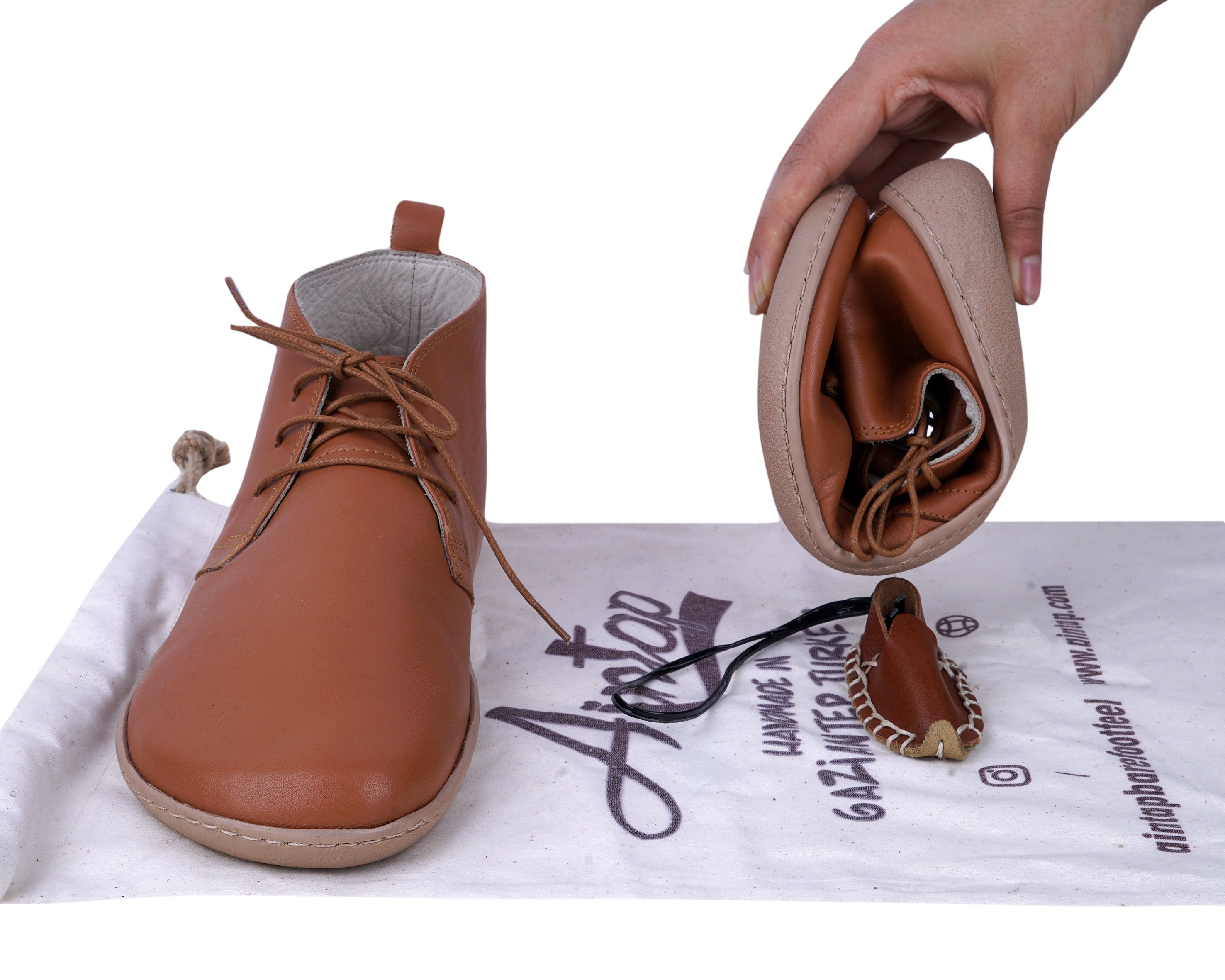 Tan Ankle Boots Wide Barefoot Shoes Smooth Leather Handmade 6mm Rubber Outsole 