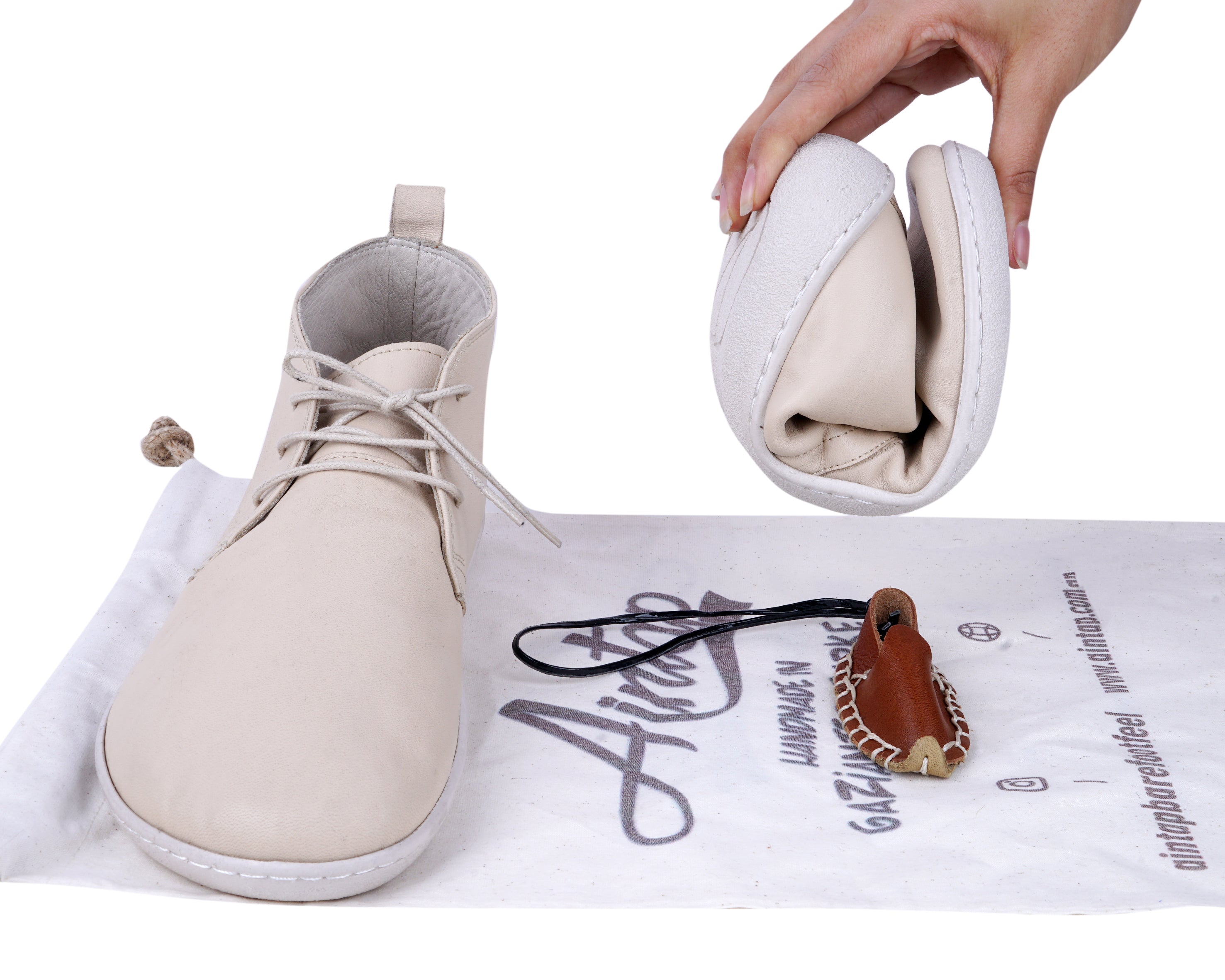Cream Ankle Boots Wide Barefoot Shoes Smooth Leather Handmade 6mm Rubber Outsole 
