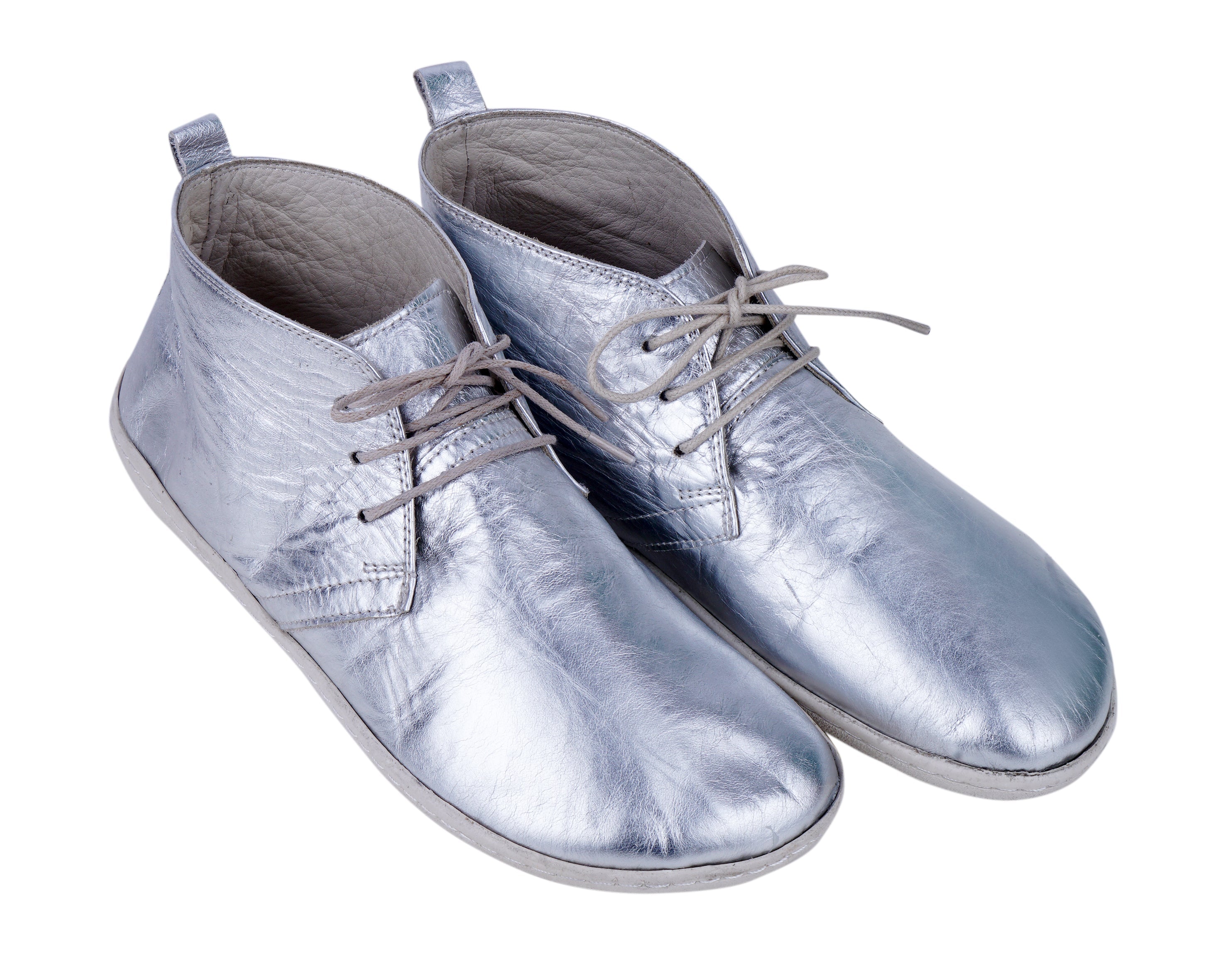 Sılver Ankle Boots Wide Barefoot Shoes Smooth Leather Handmade 6mm Rubber Outsole 