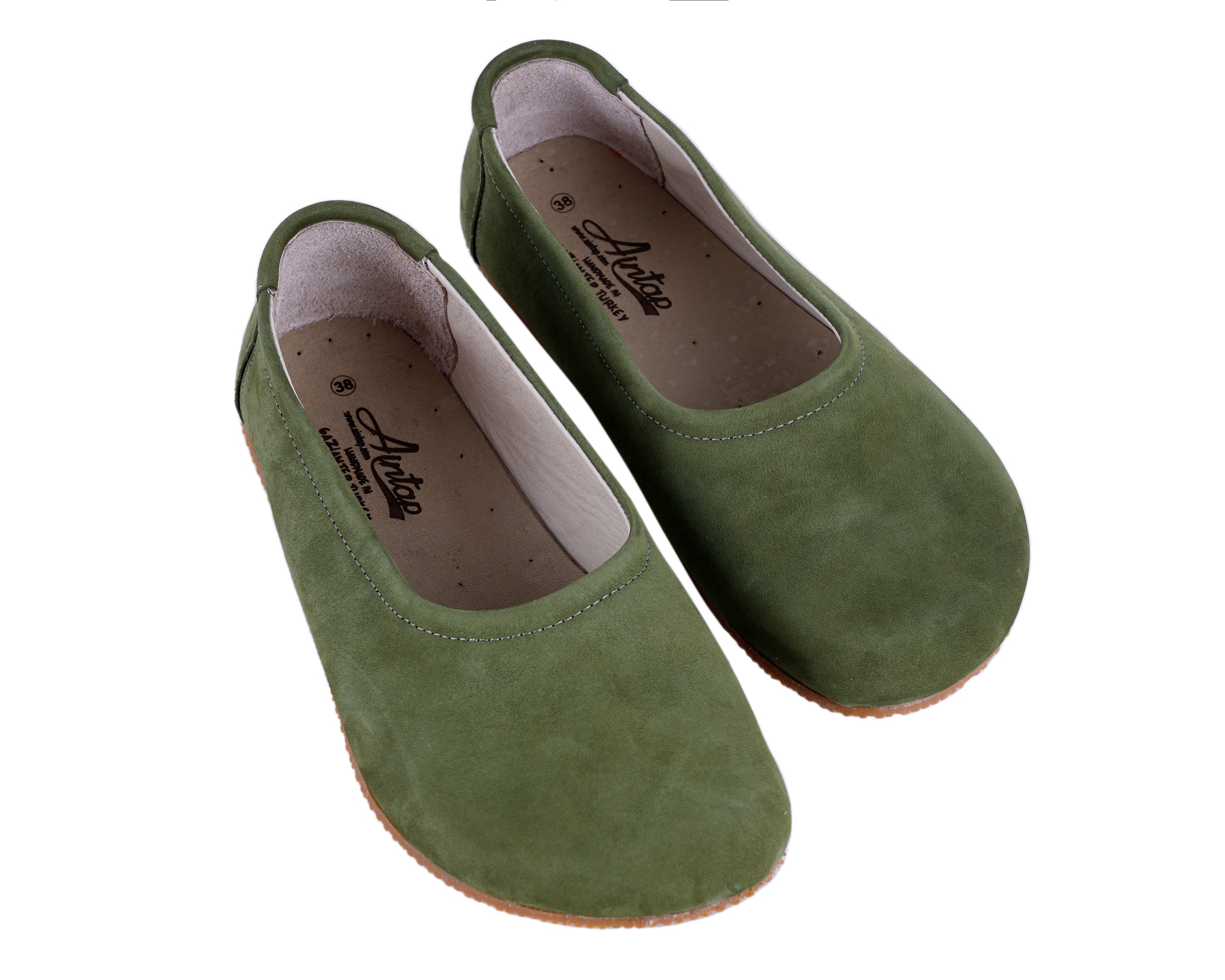 Green Women Flat Ballets Wide Barefoot Nubuck Leather Handmade