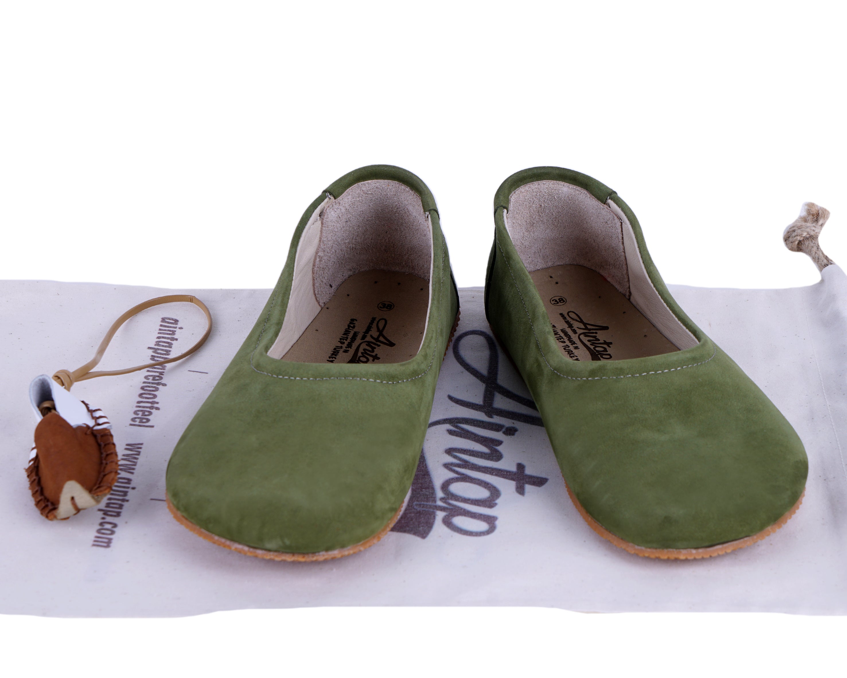 Green Women Flat Ballets Wide Barefoot Nubuck Leather Handmade