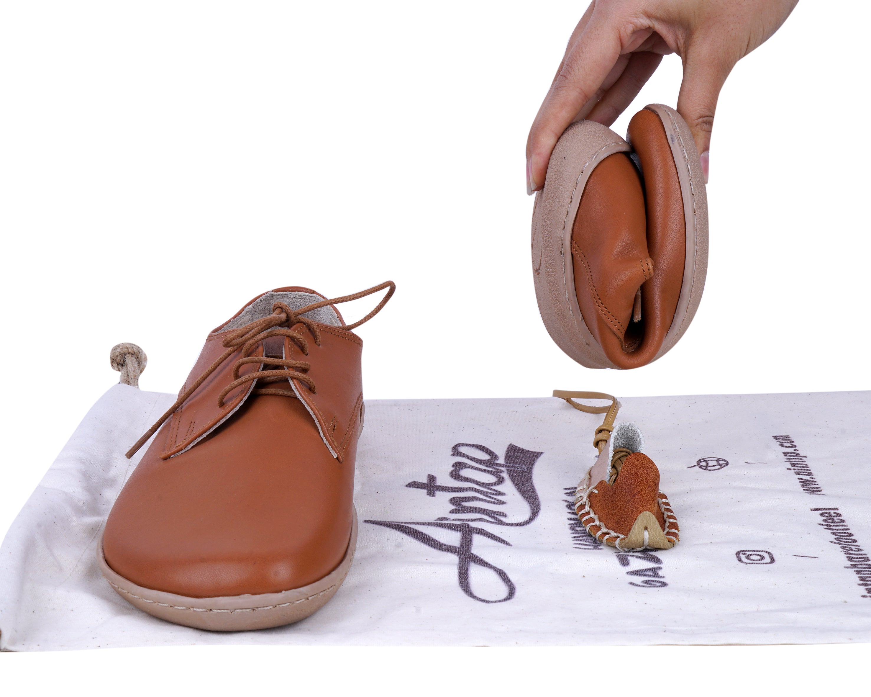 Tan Oxford Wide Barefoot Shoes Smooth Leather Handmade 6mm Rubber Outsole 