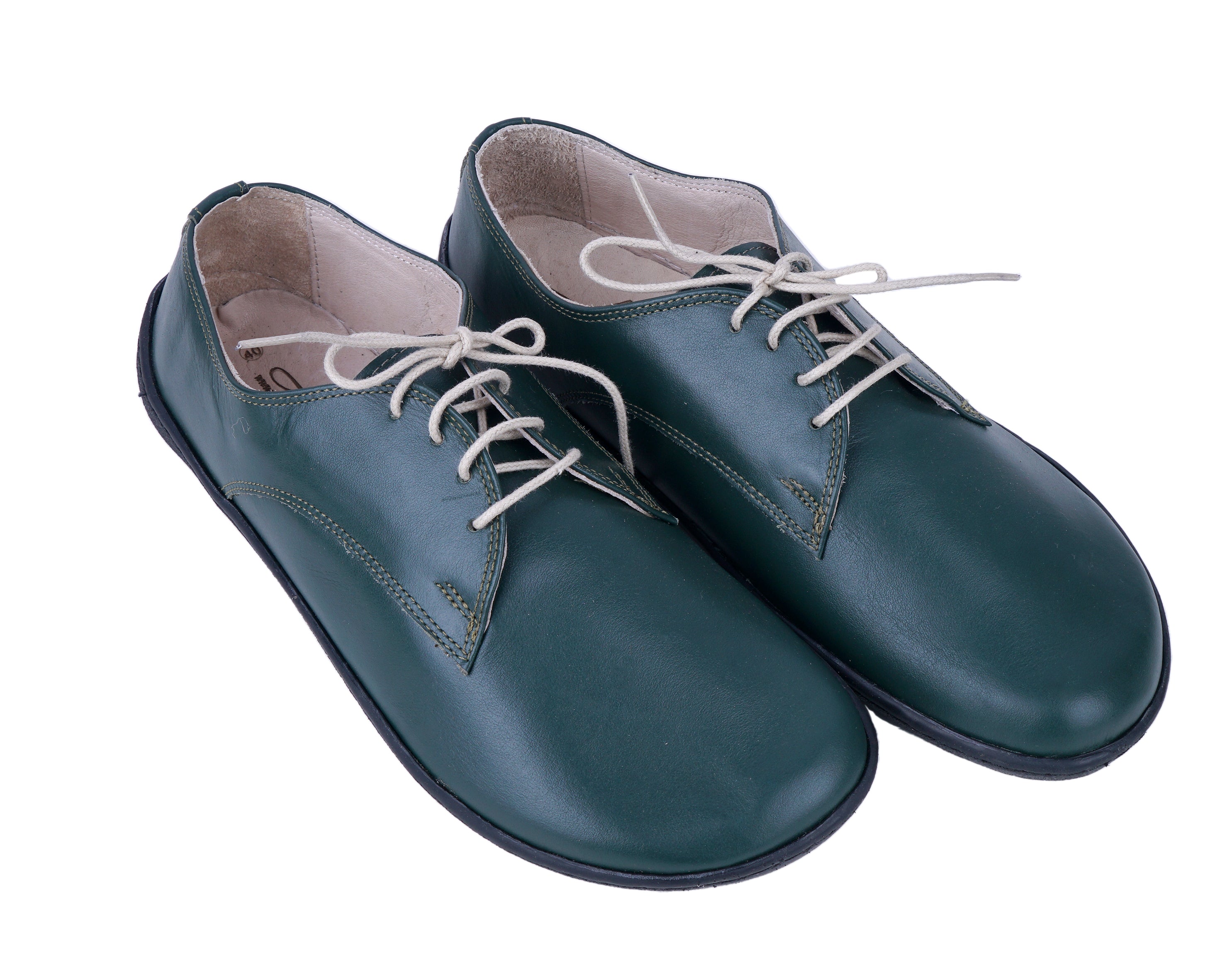 Green Oxford Wide Barefoot Shoes Smooth Leather Handmade 6mm Rubber Outsole