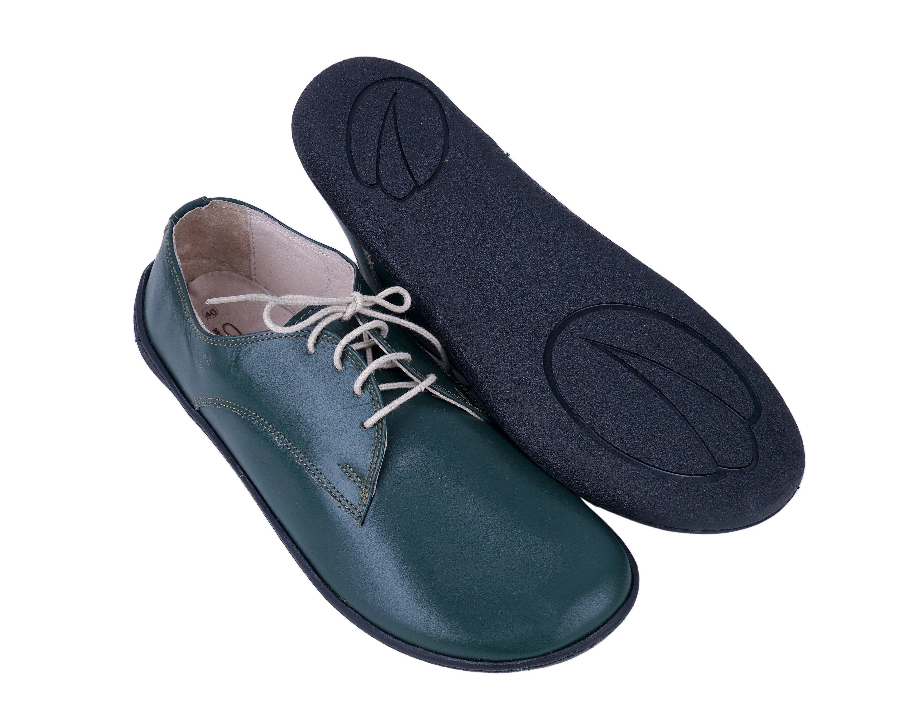 Green Oxford Wide Barefoot Shoes Smooth Leather Handmade 6mm Rubber Outsole