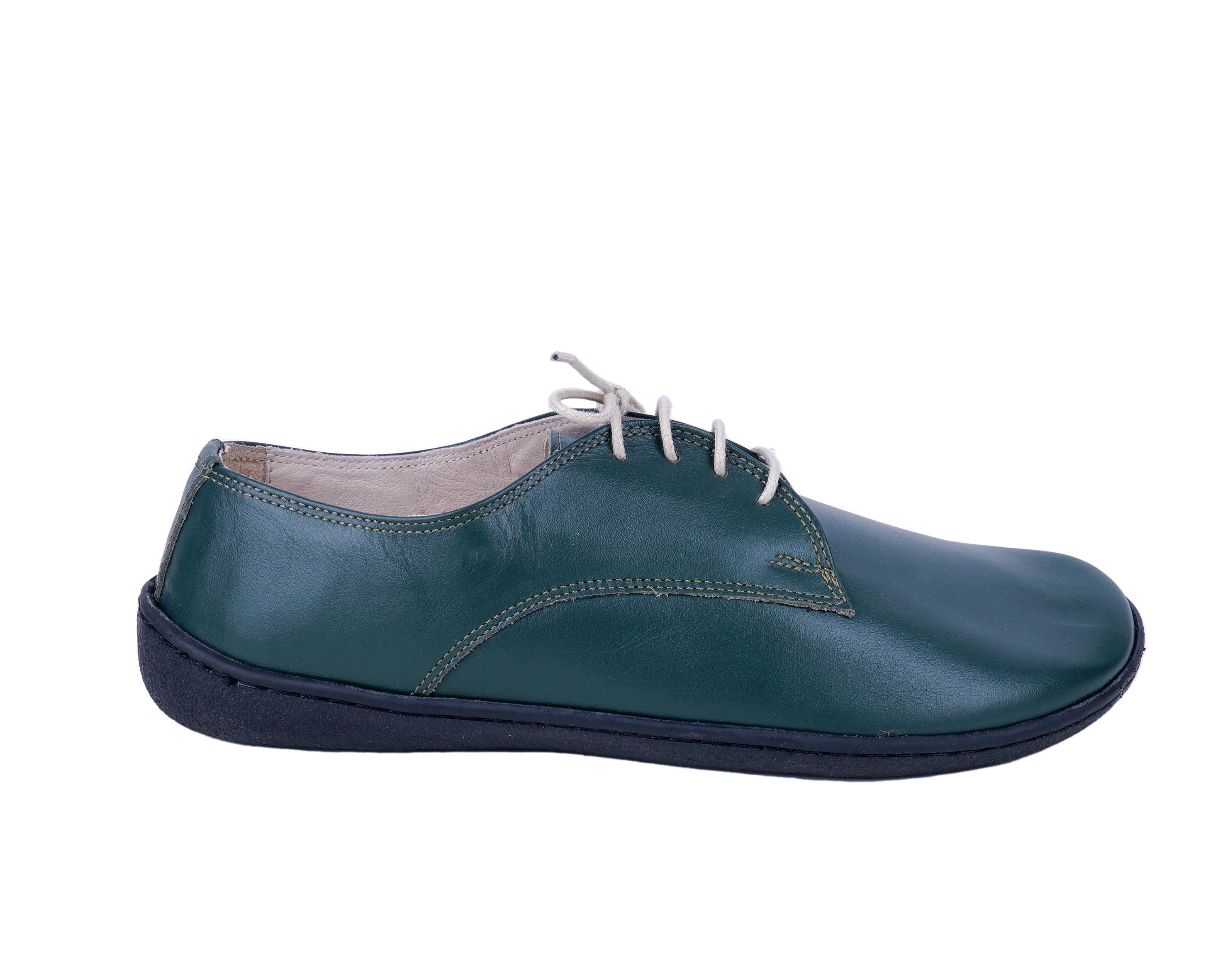 Green Oxford Wide Barefoot Shoes Smooth Leather Handmade 6mm Rubber Outsole