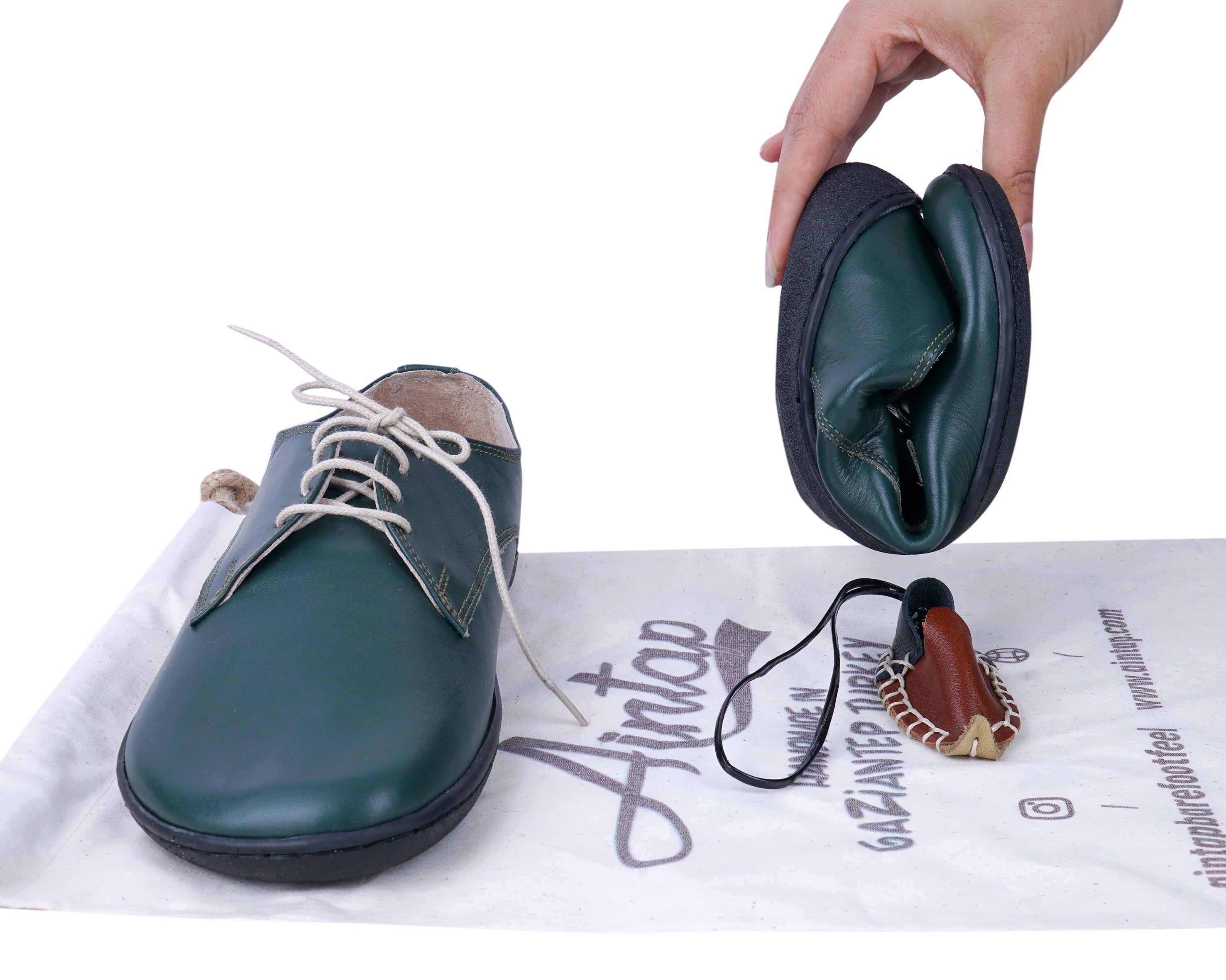 Green Oxford Wide Barefoot Shoes Smooth Leather Handmade 6mm Rubber Outsole