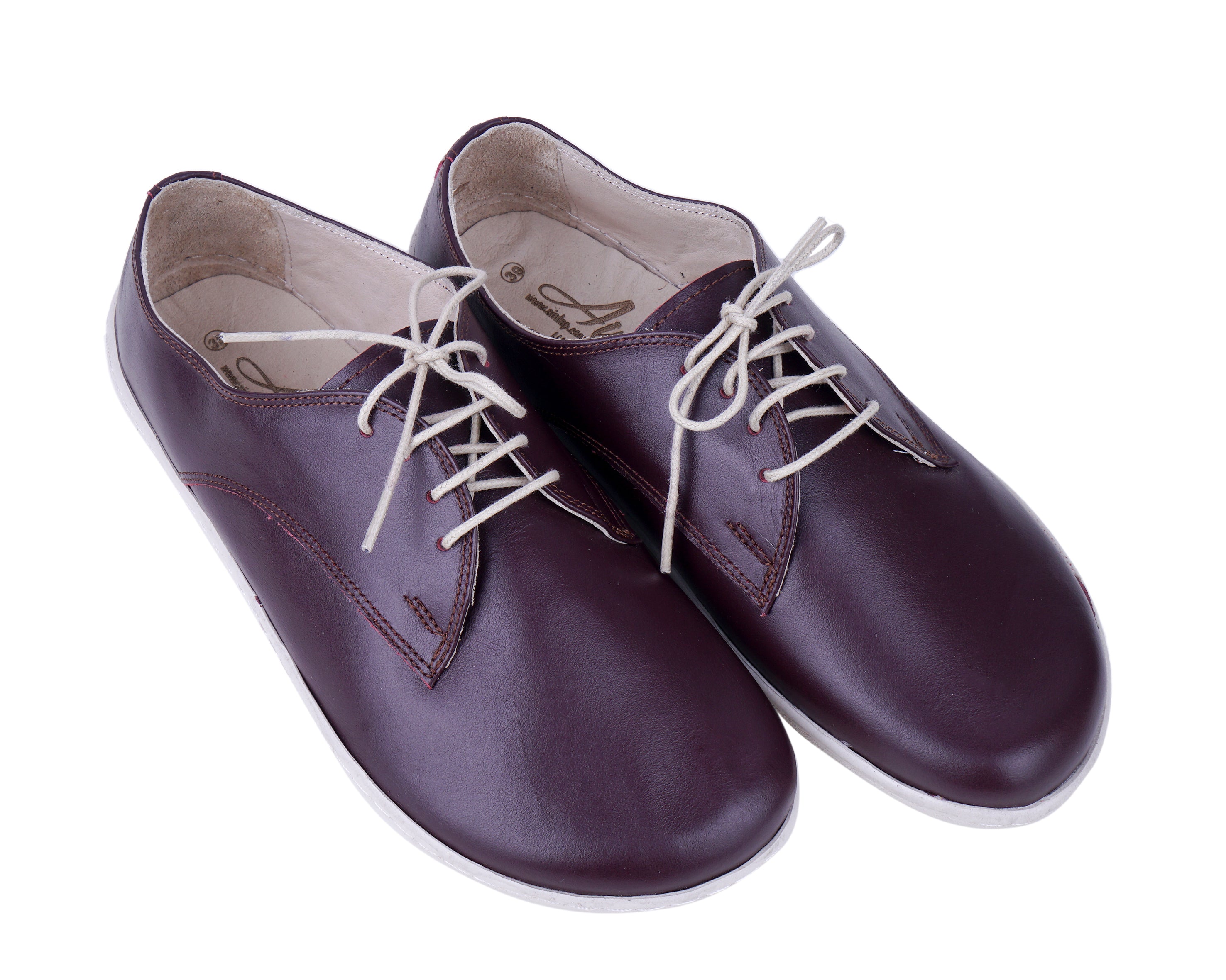 Burgundy Oxford Wide Barefoot Shoes Smooth Leather Handmade 6mm Rubber Outsole