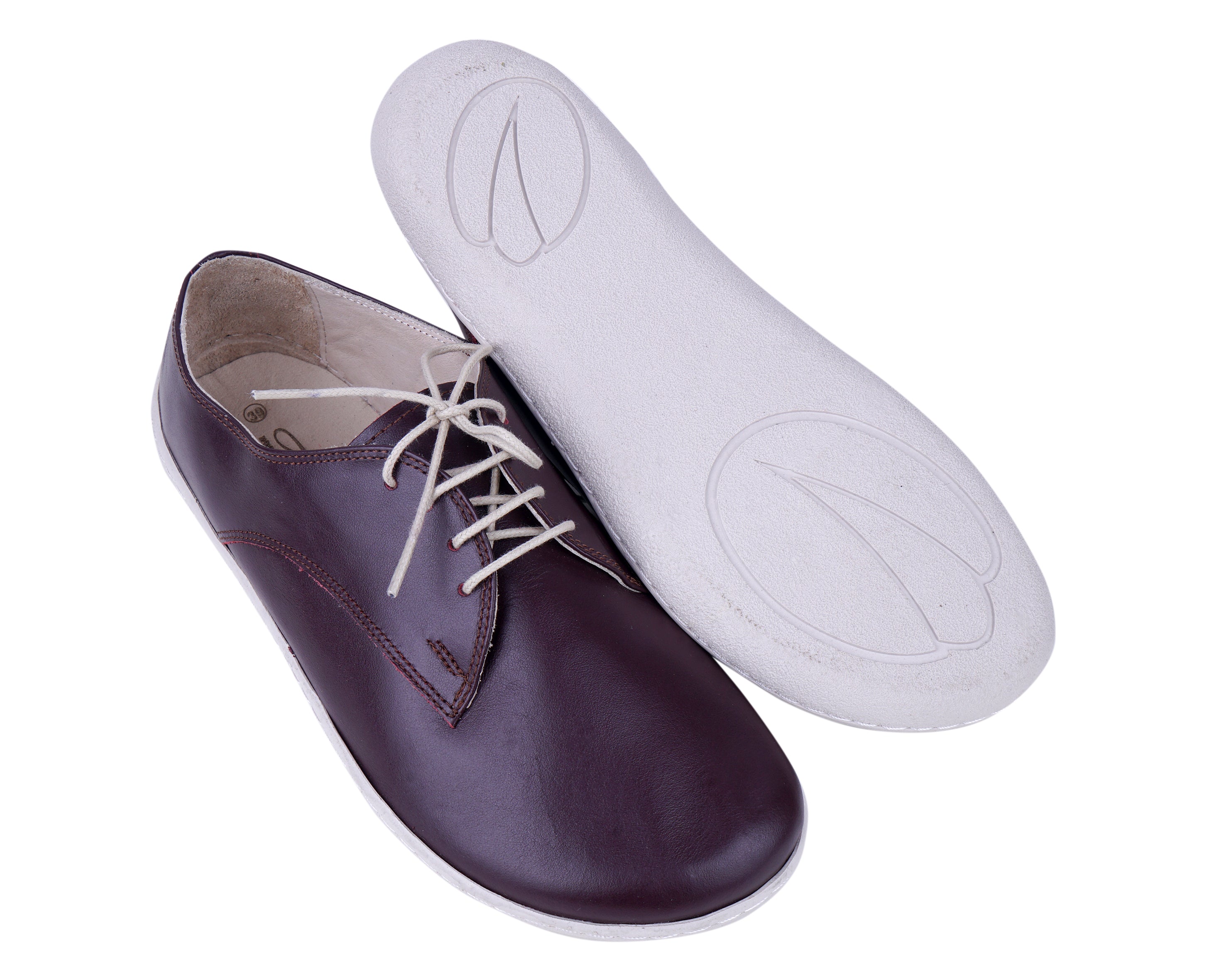 Burgundy Oxford Wide Barefoot Shoes Smooth Leather Handmade 6mm Rubber Outsole 