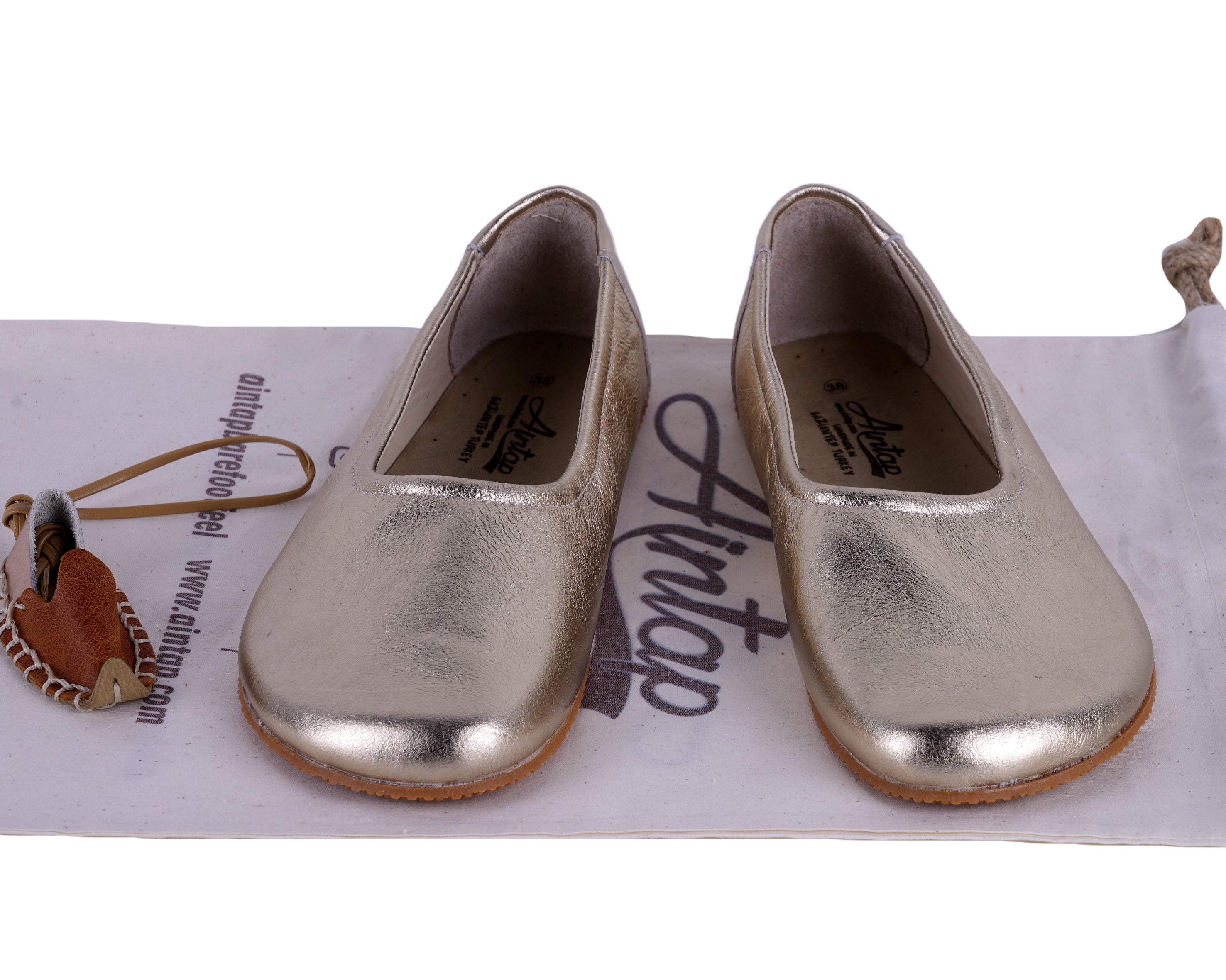 Gold Women Flat Ballets Wide Barefoot Smooth Leather Handmade