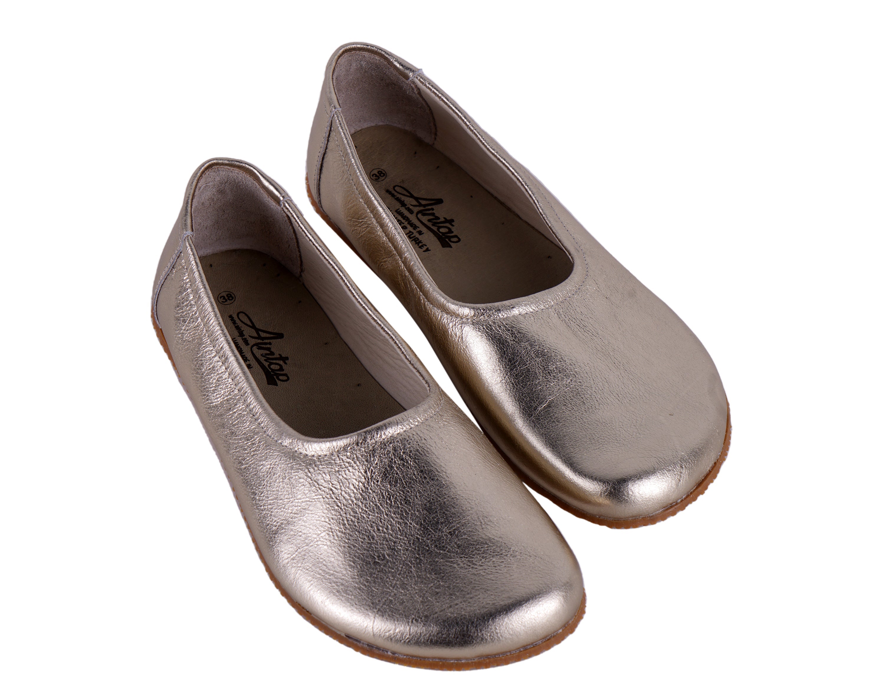 Gold Women Flat Ballets Wide Barefoot Smooth Leather Handmade 