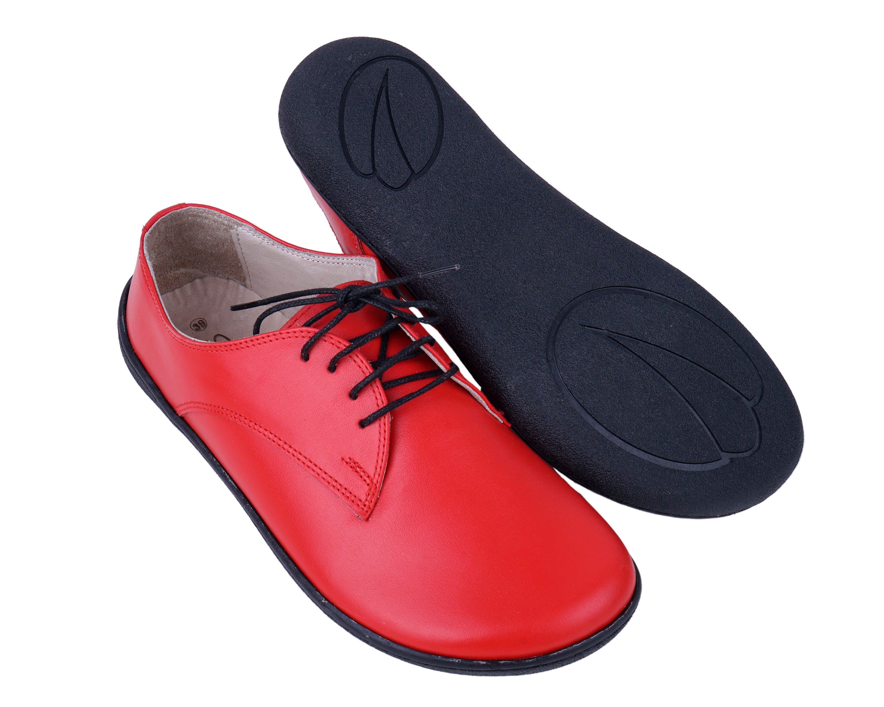 Red Oxford Wide Barefoot Shoes Smooth Leather Handmade 6mm Rubber Outsole