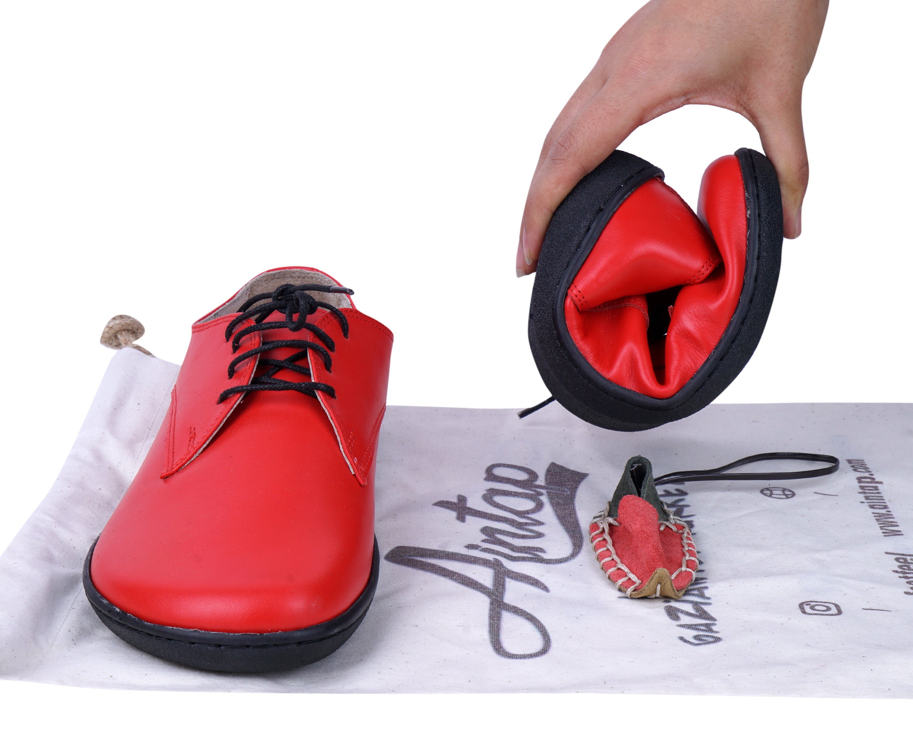 Red Oxford Wide Barefoot Shoes Smooth Leather Handmade 6mm Rubber Outsole 