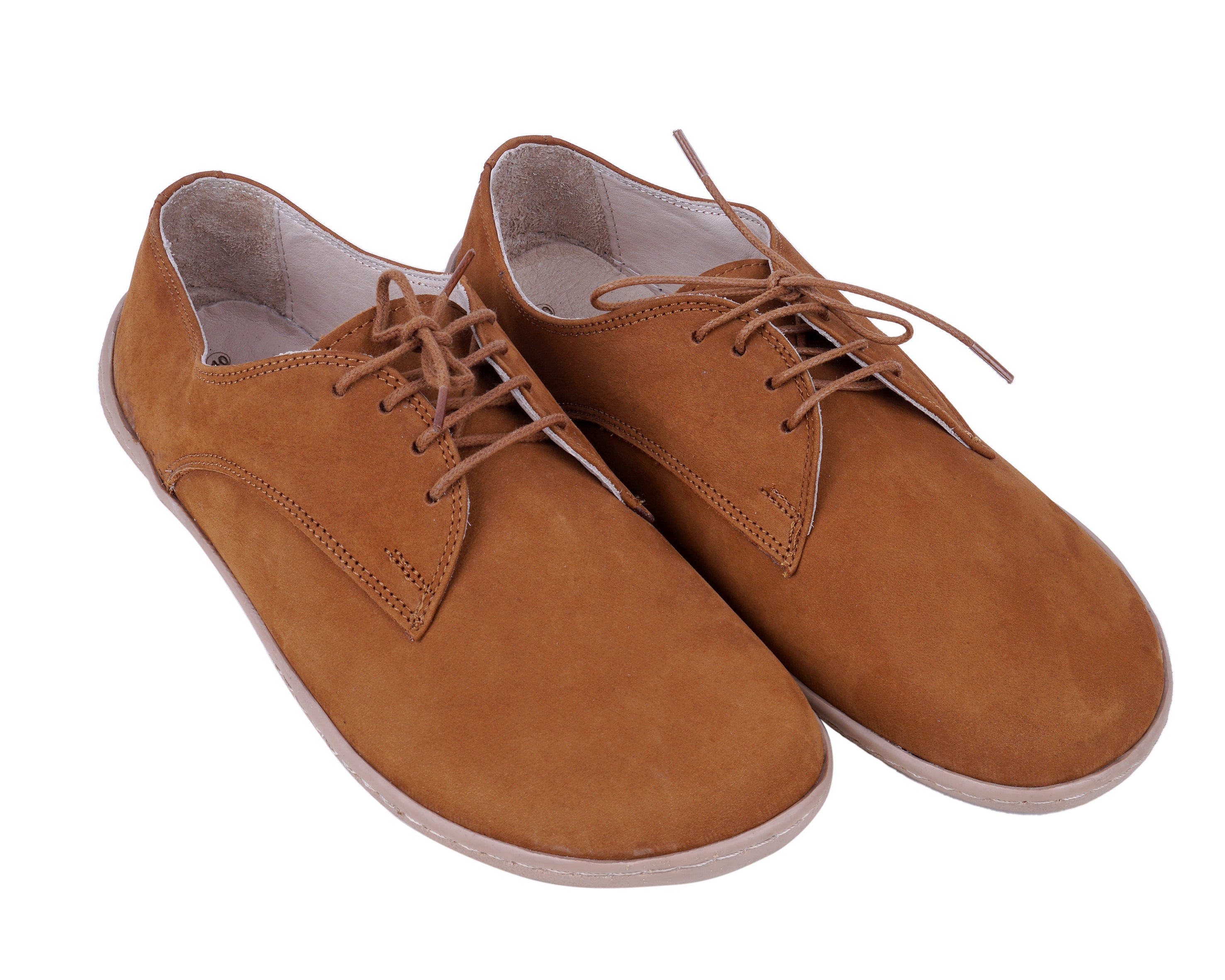 Tan Oxford Wide Barefoot Shoes Nubuck Leather Handmade 6mm Rubber Outsole 