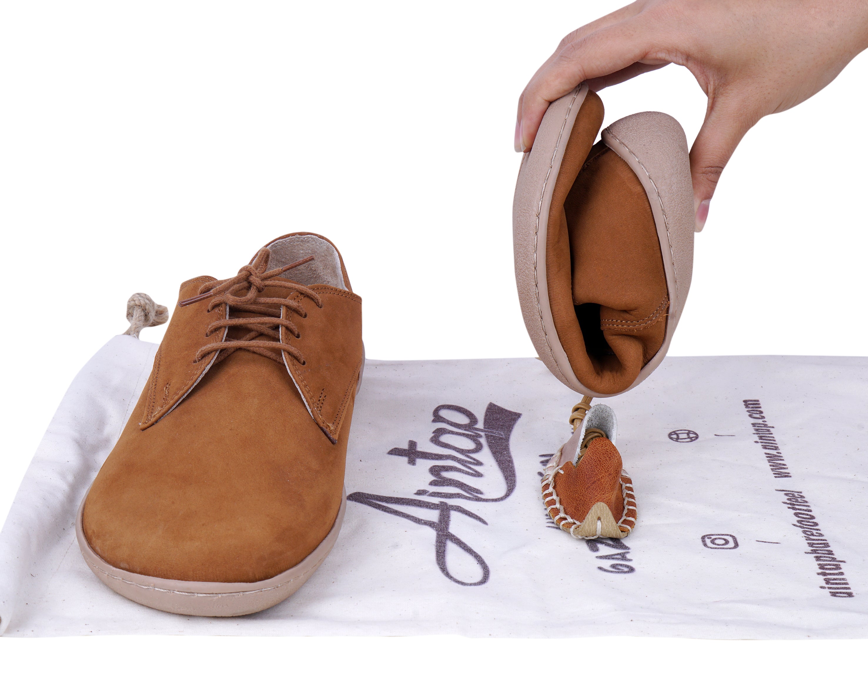 Tan Oxford Wide Barefoot Shoes Nubuck Leather Handmade 6mm Rubber Outsole 