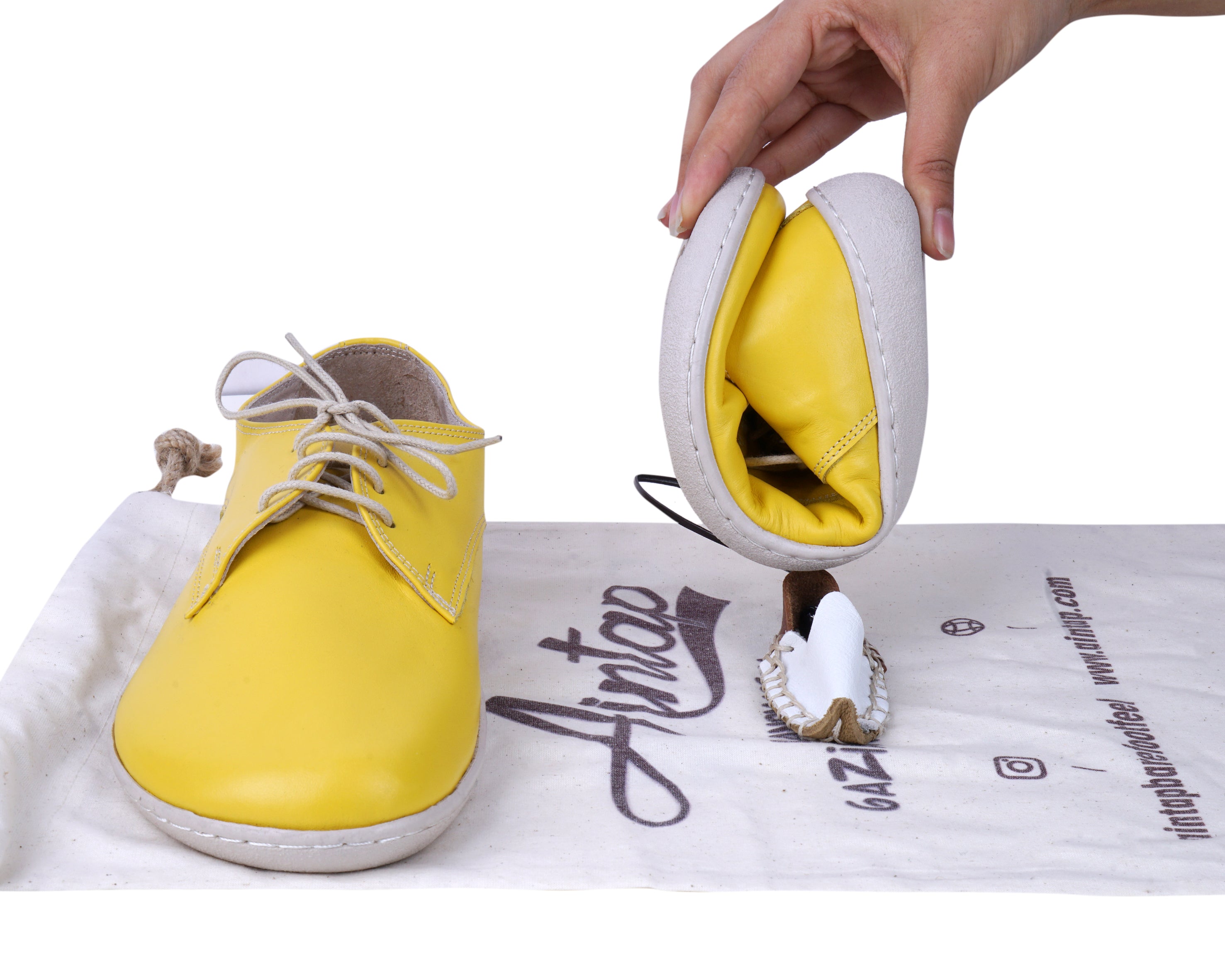Yellow Oxford Wide Barefoot Shoes Smooth Leather Handmade 6mm Rubber Outsole 