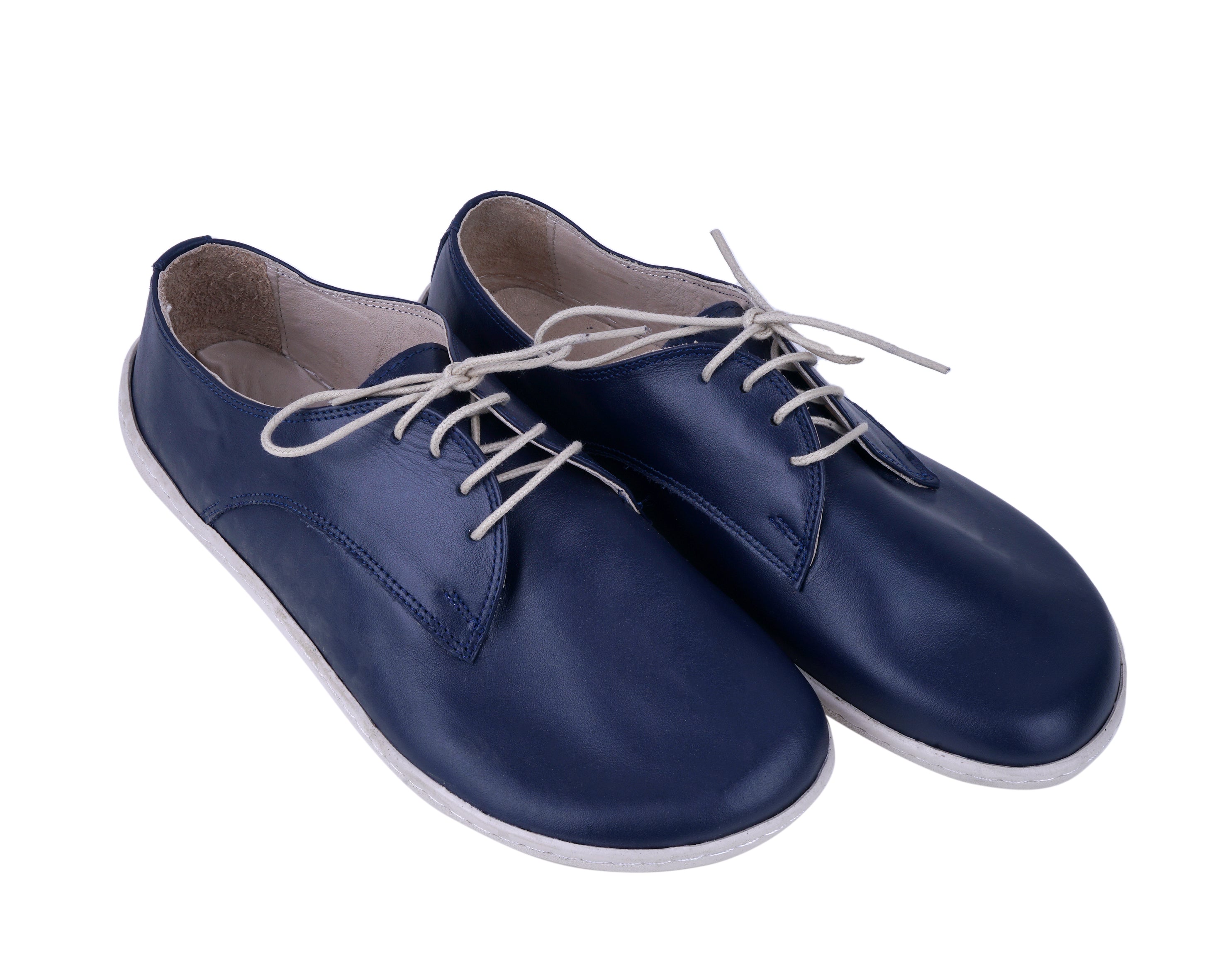 Navy Blue Oxford Wide Barefoot Shoes Smooth Leather Handmade 6mm Rubber Outsole 