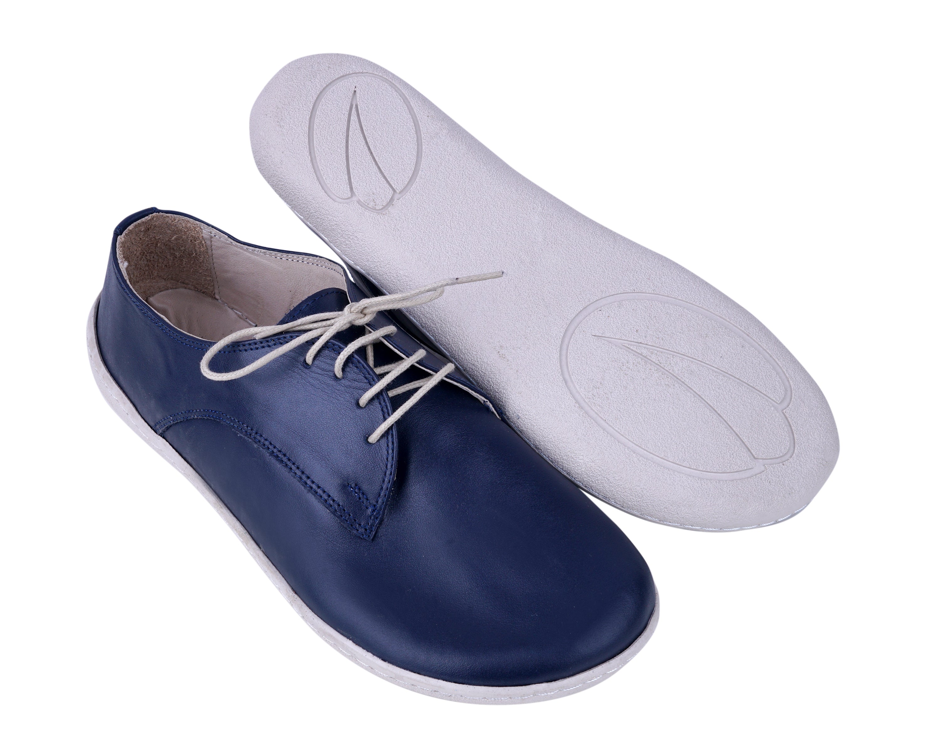 Navy Blue Oxford Wide Barefoot Shoes Smooth Leather Handmade 6mm Rubber Outsole