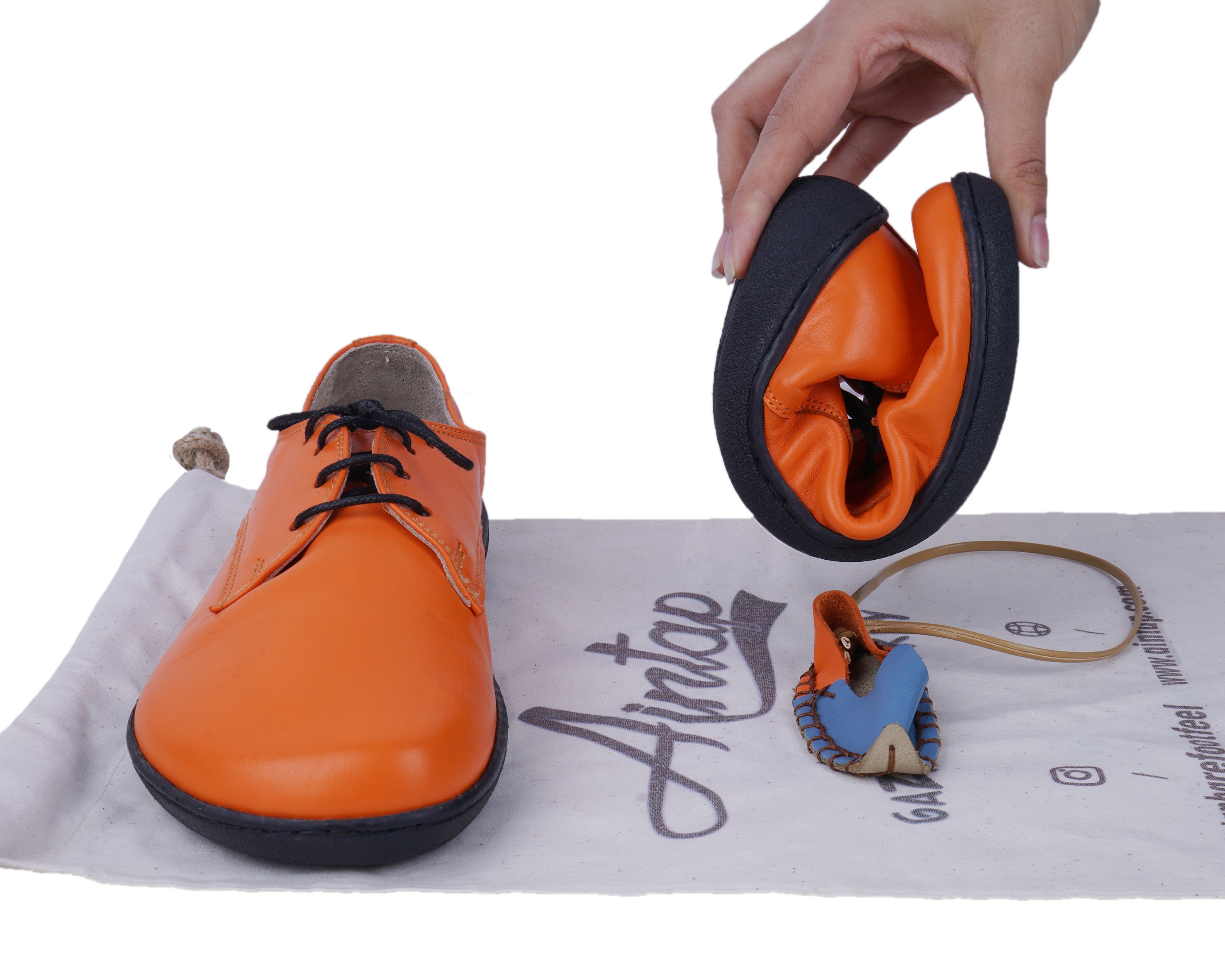 Orange Oxford Wide Barefoot Shoes Smooth Leather Handmade 6mm Rubber Outsole 
