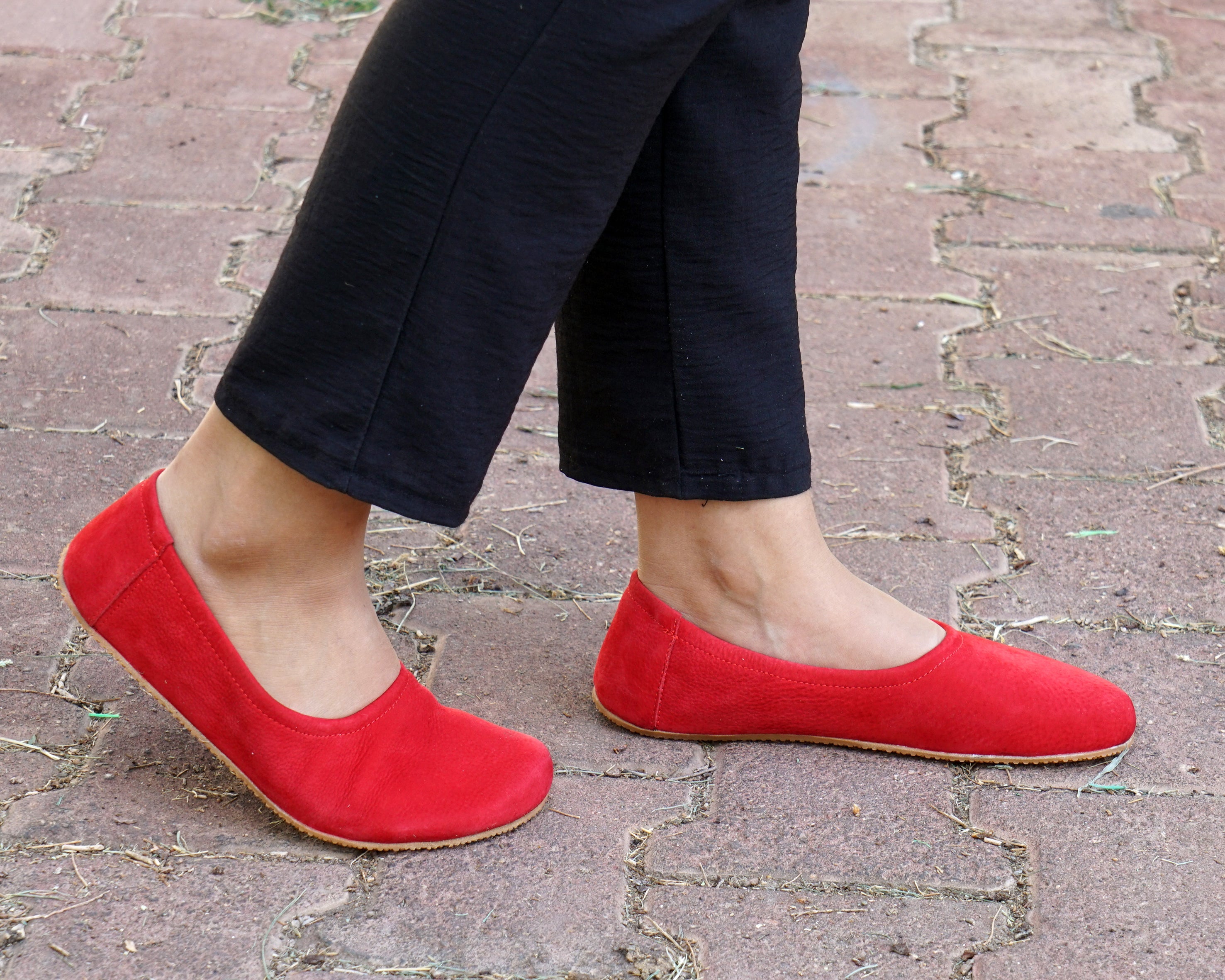 Red Women Flat Ballets Wide Barefoot Nubuck Leather Handmade 