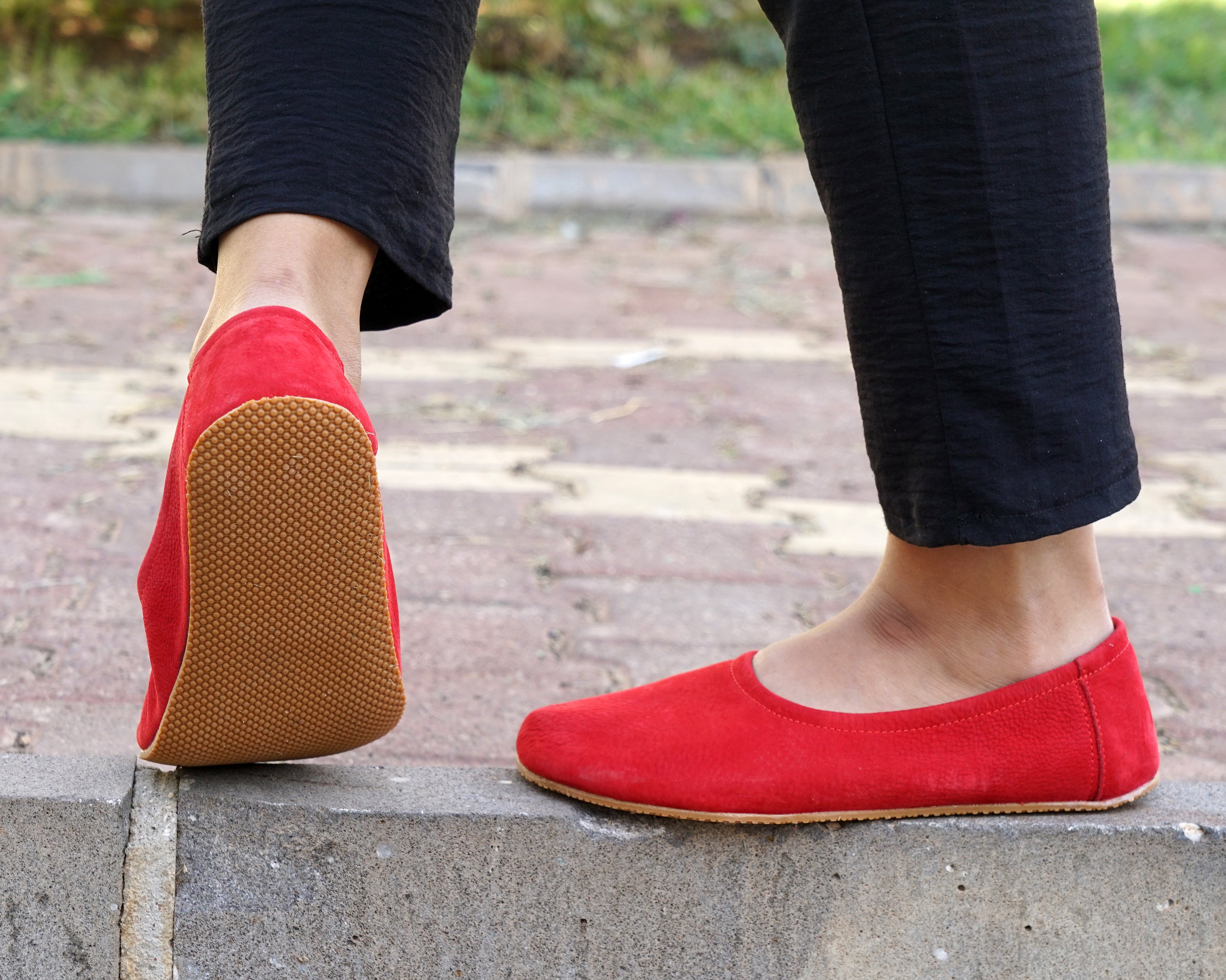 Red Women Flat Ballets Wide Barefoot Nubuck Leather Handmade