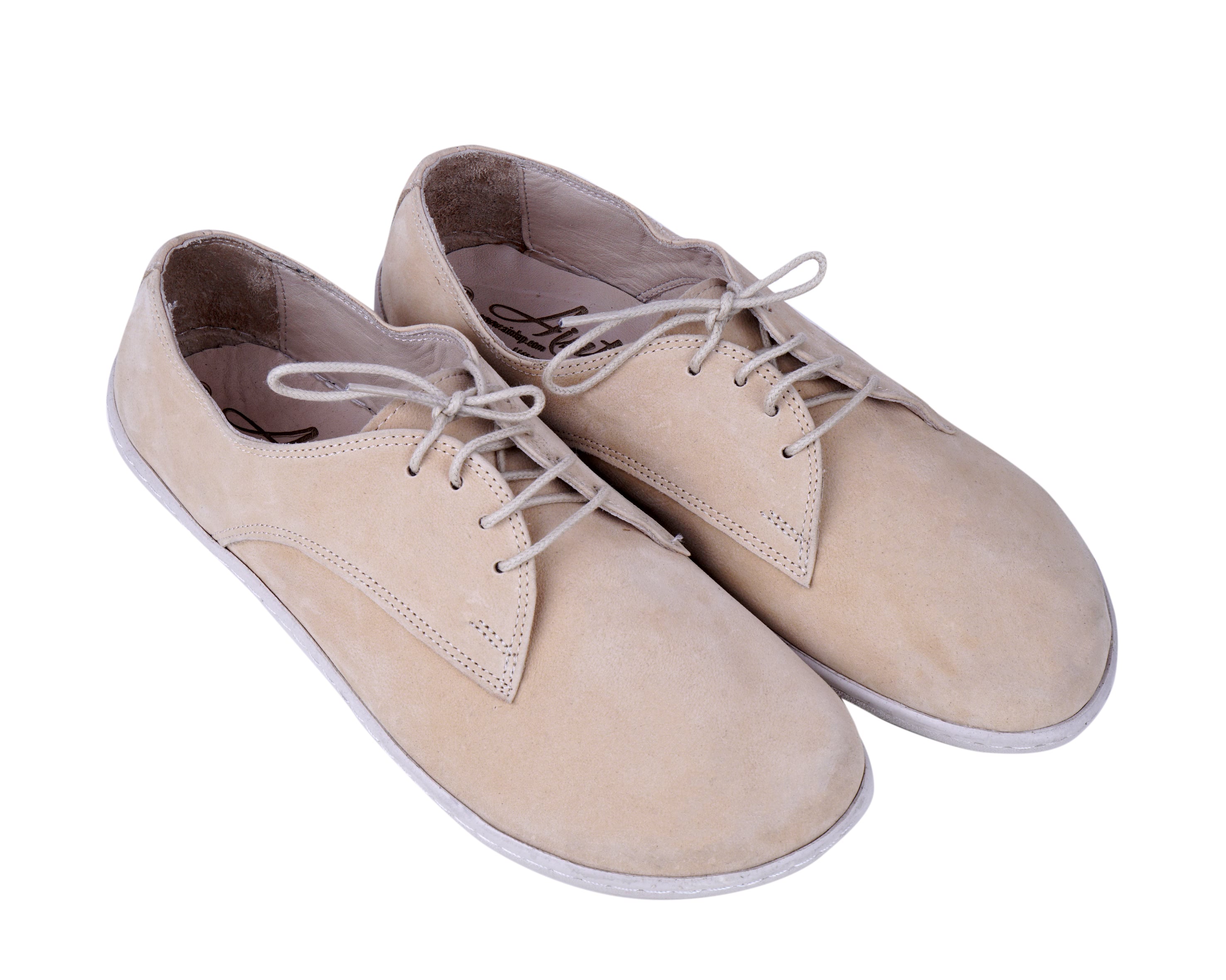 Cream Oxford Wide Barefoot Shoes Nubuck Leather Handmade 6mm Rubber Outsole 