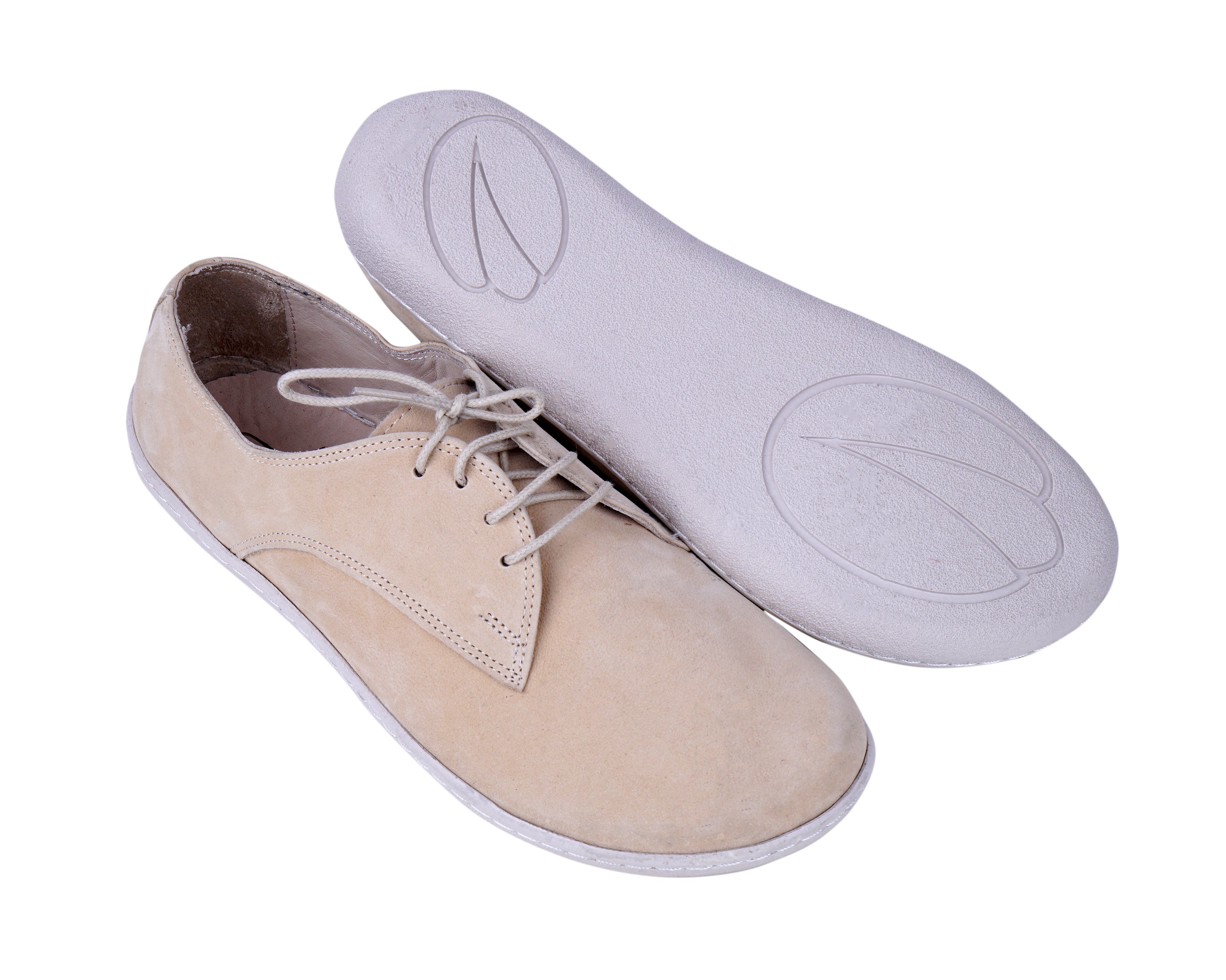 Cream Oxford Wide Barefoot Shoes Nubuck Leather Handmade 6mm Rubber Outsole