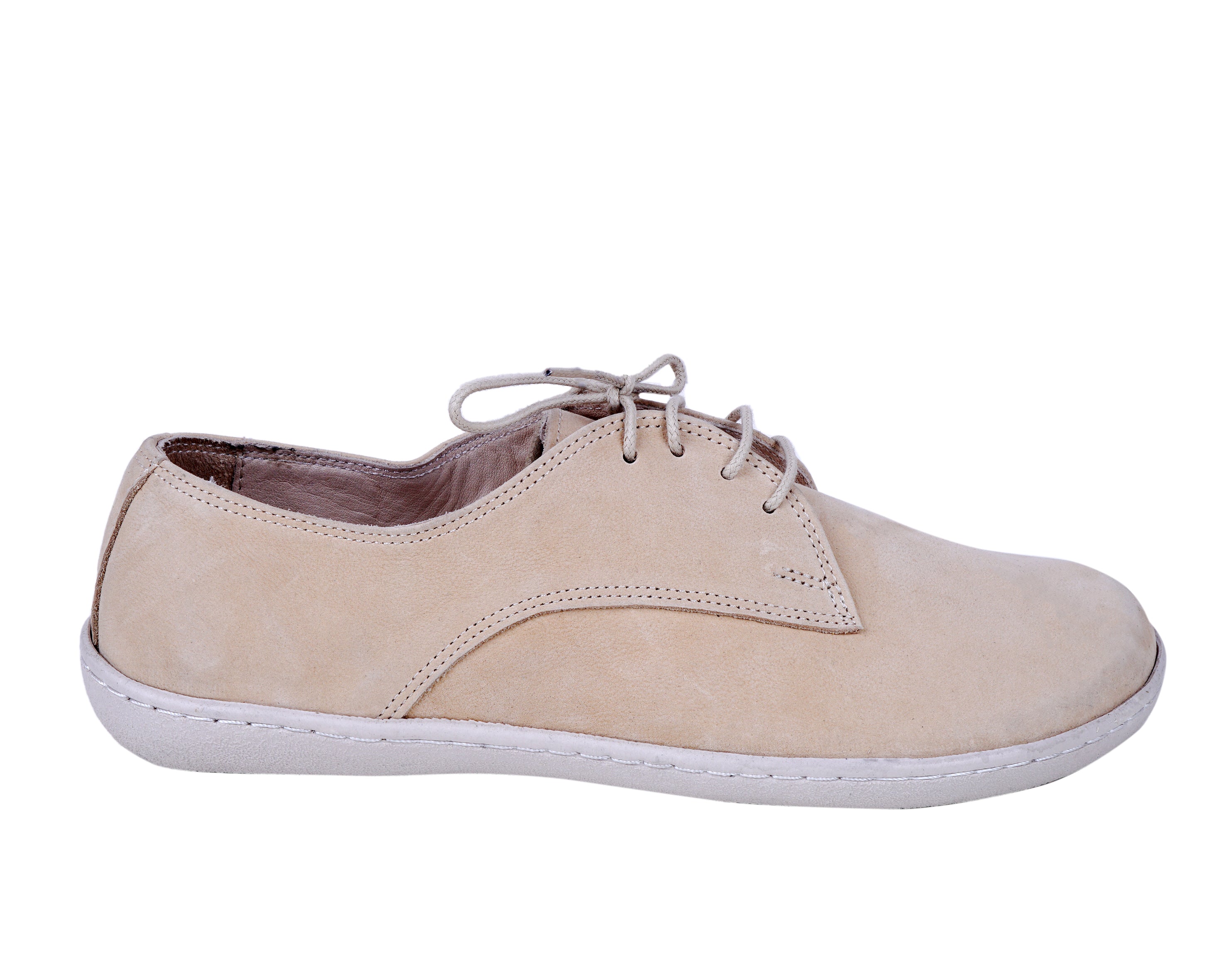 Cream Oxford Wide Barefoot Shoes Nubuck Leather Handmade 6mm Rubber Outsole