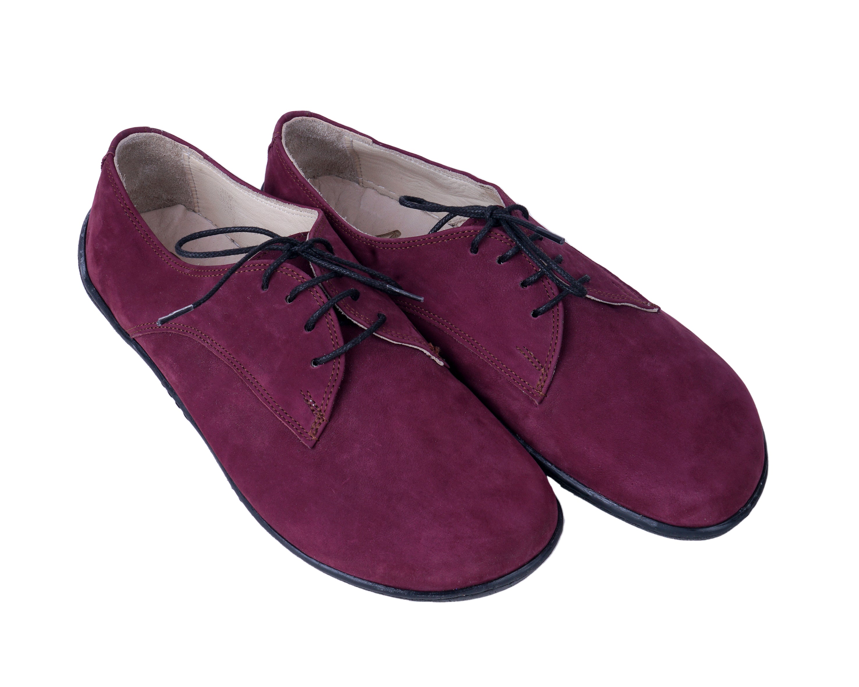 Burgundy Oxford Wide Barefoot Shoes Nubuck Leather Handmade 6mm Rubber Outsole