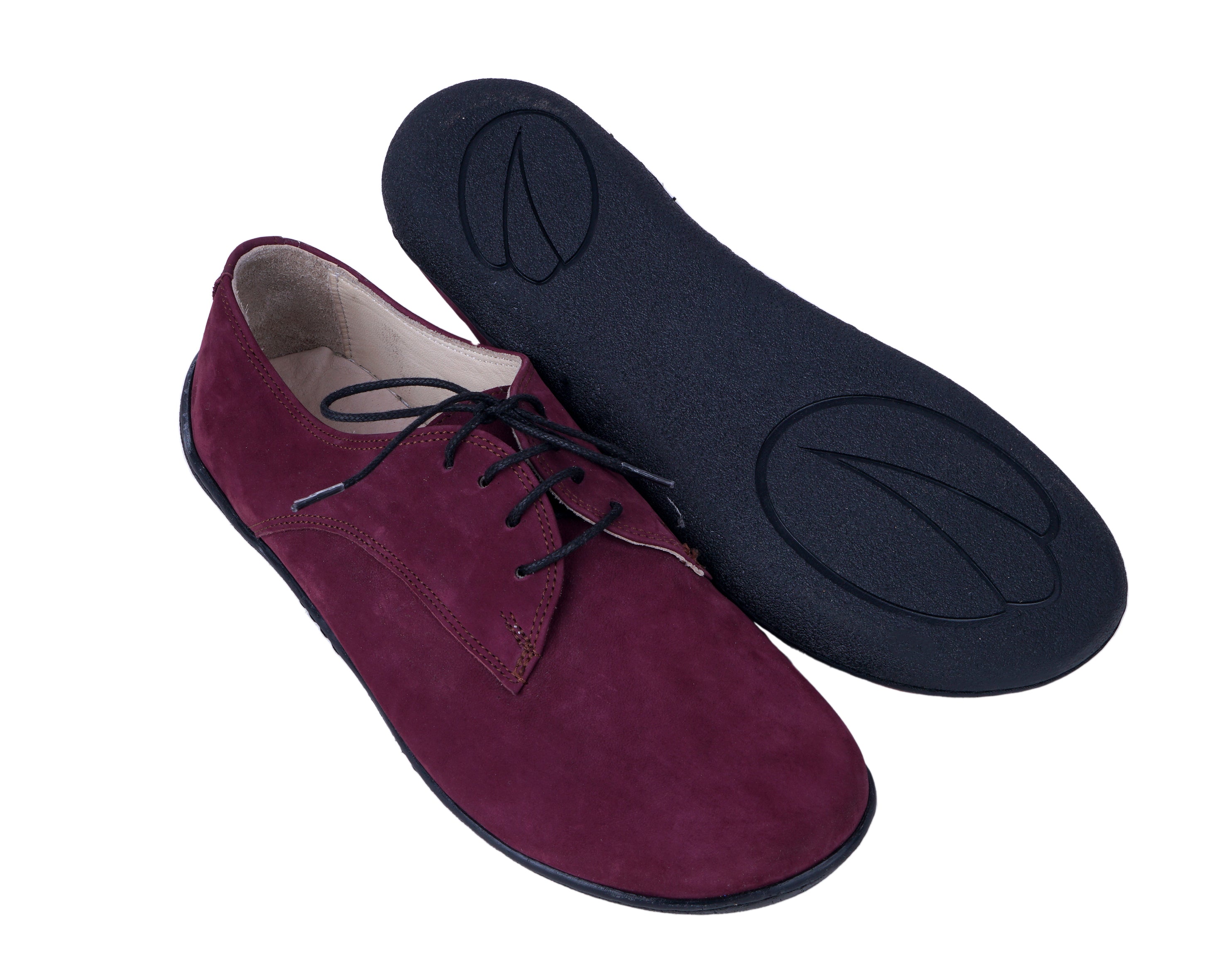 Burgundy Oxford Wide Barefoot Shoes Nubuck Leather Handmade 6mm Rubber Outsole