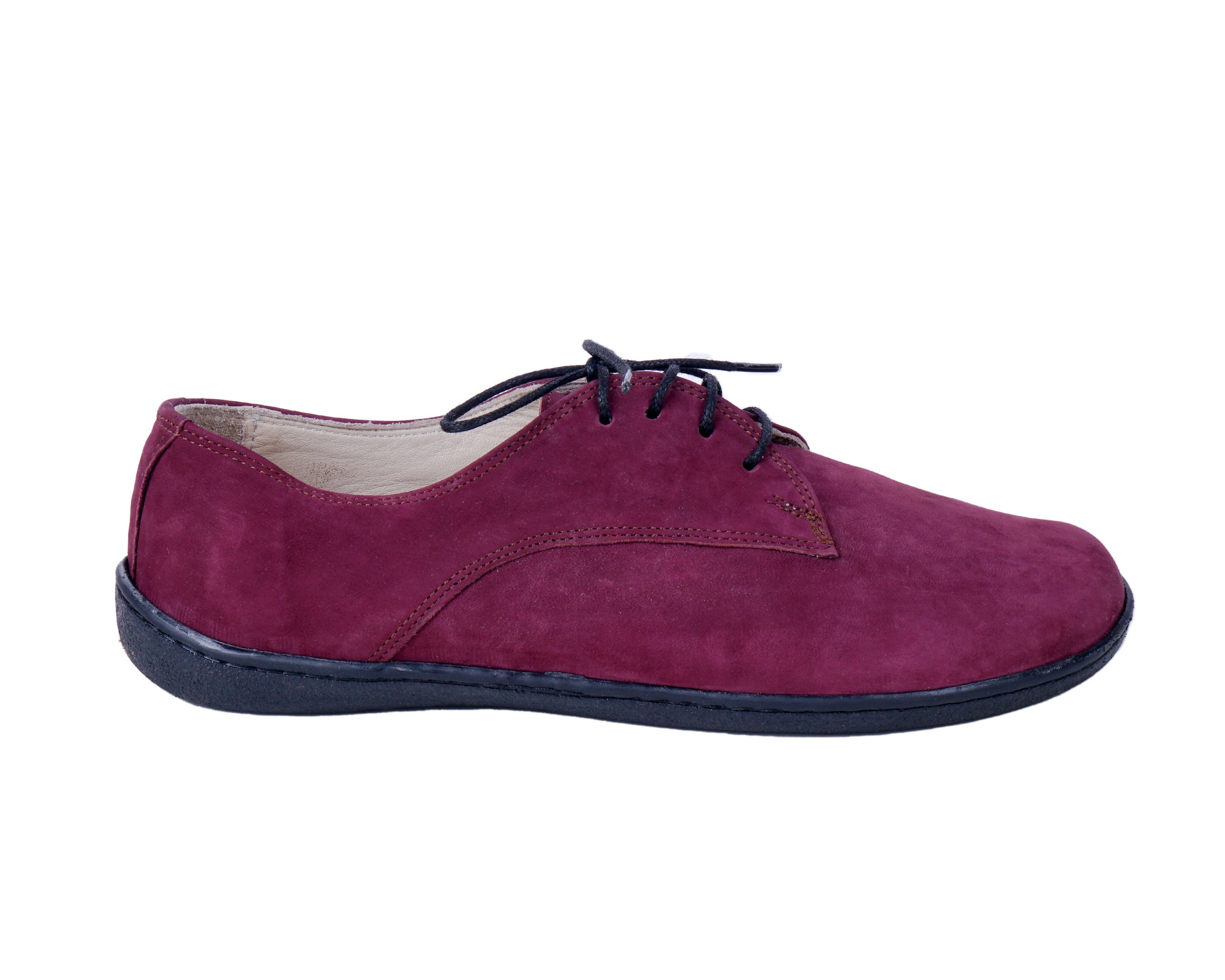 Burgundy Oxford Wide Barefoot Shoes Nubuck Leather Handmade 6mm Rubber Outsole 