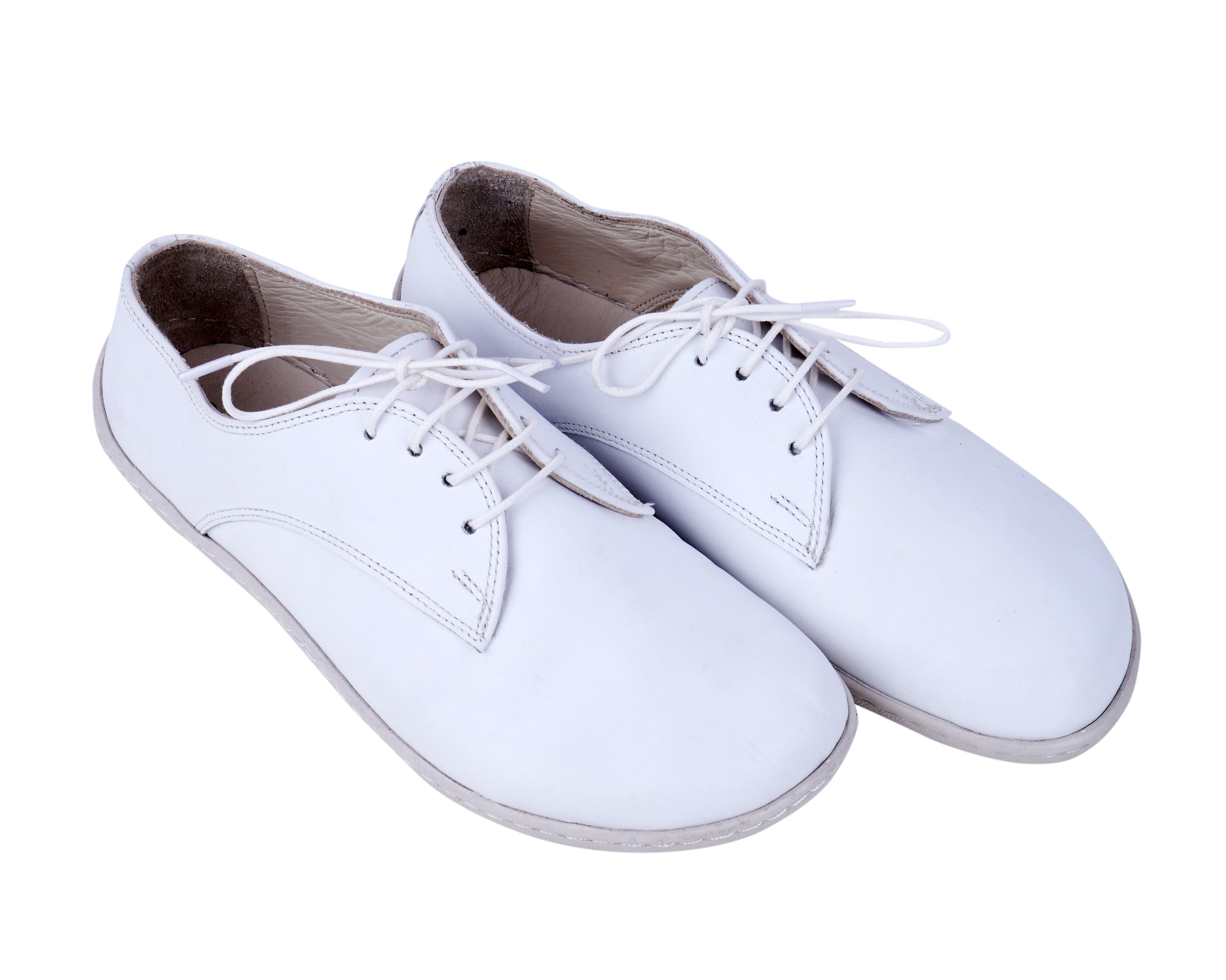 White Oxford Wide Barefoot Shoes Smooth Leather Handmade 6mm Rubber Outsole 