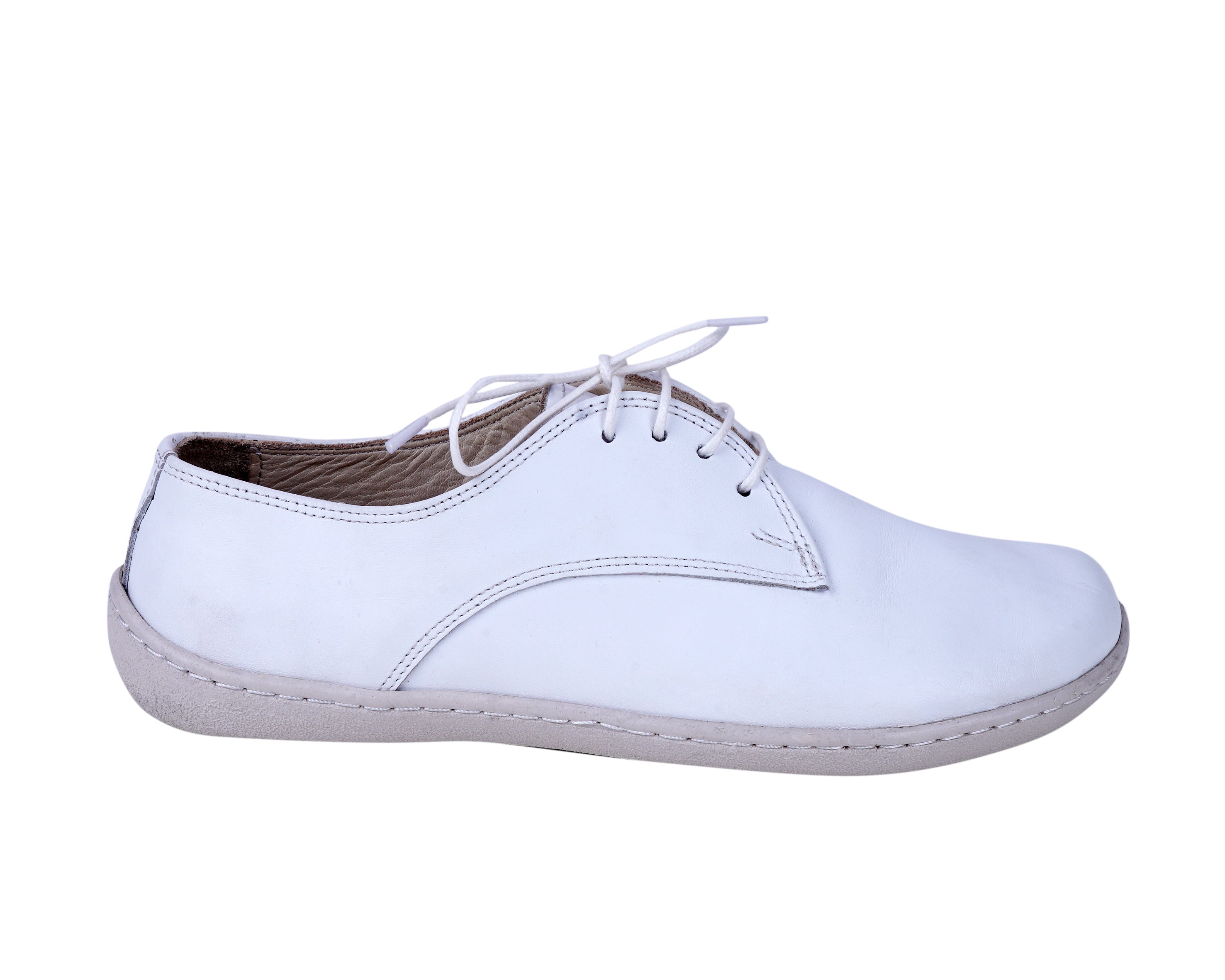 White Oxford Wide Barefoot Shoes Smooth Leather Handmade 6mm Rubber Outsole 
