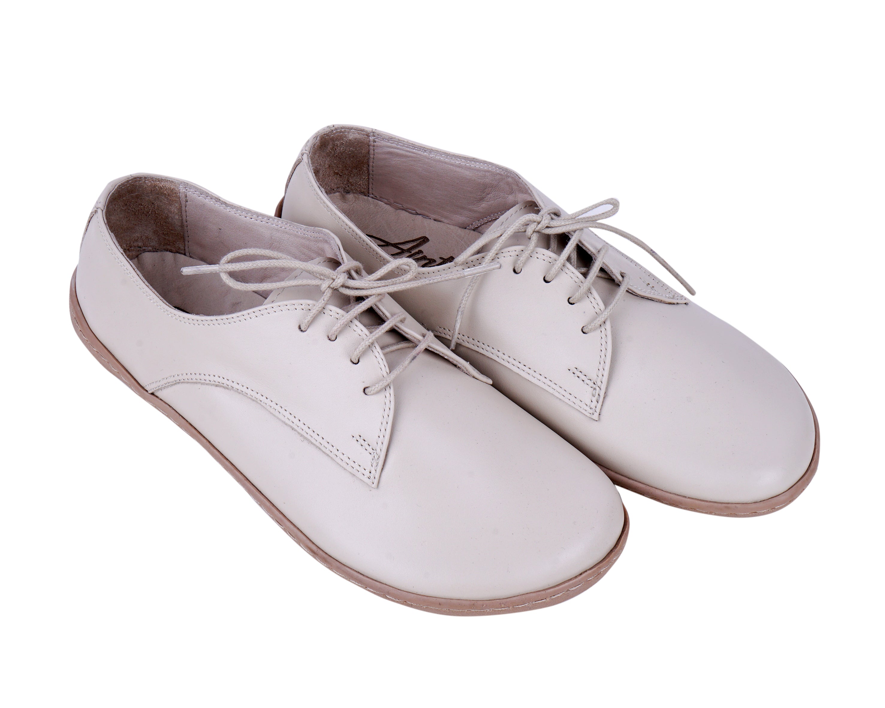 Cream Oxford Wide Barefoot Shoes Smooth Leather Handmade 6mm Rubber Outsole 
