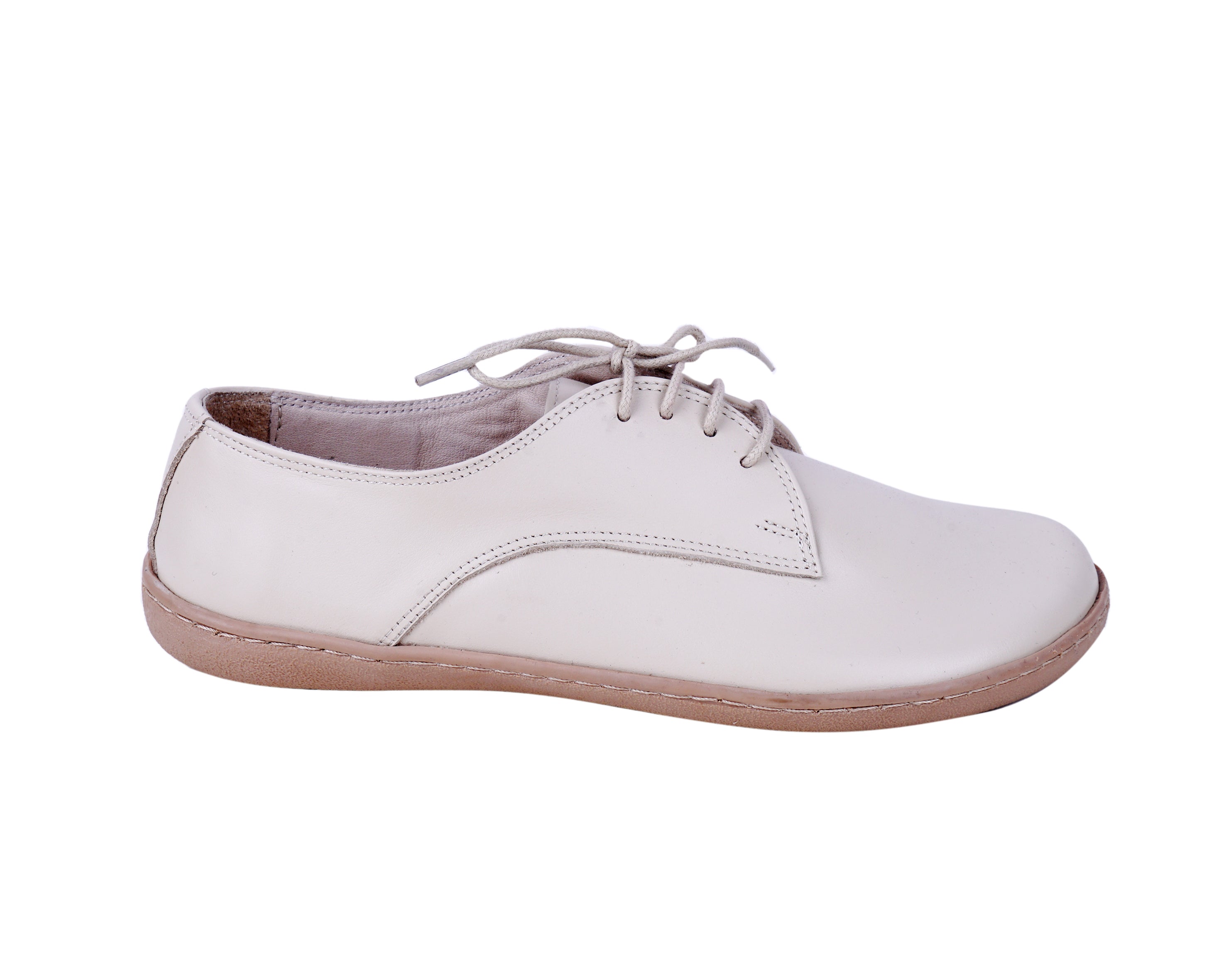 Cream Oxford Wide Barefoot Shoes Smooth Leather Handmade 6mm Rubber Outsole