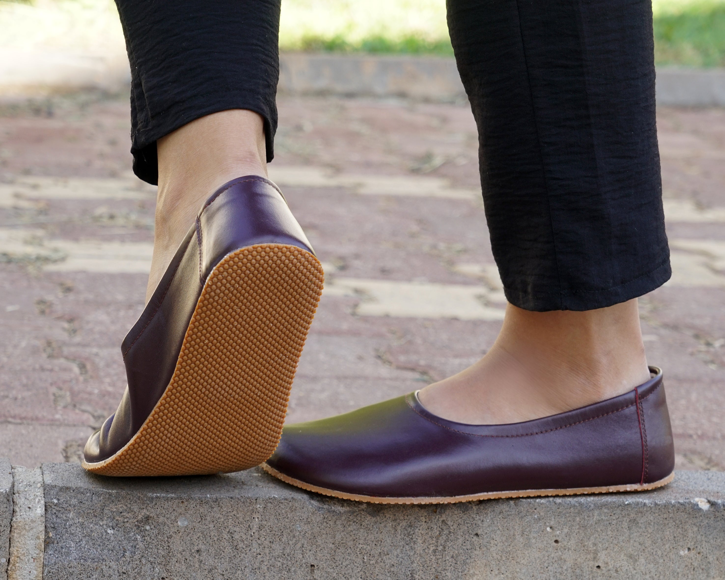 Burgundy Women Flat Ballets Wide Barefoot Smooth Leather Handmade 