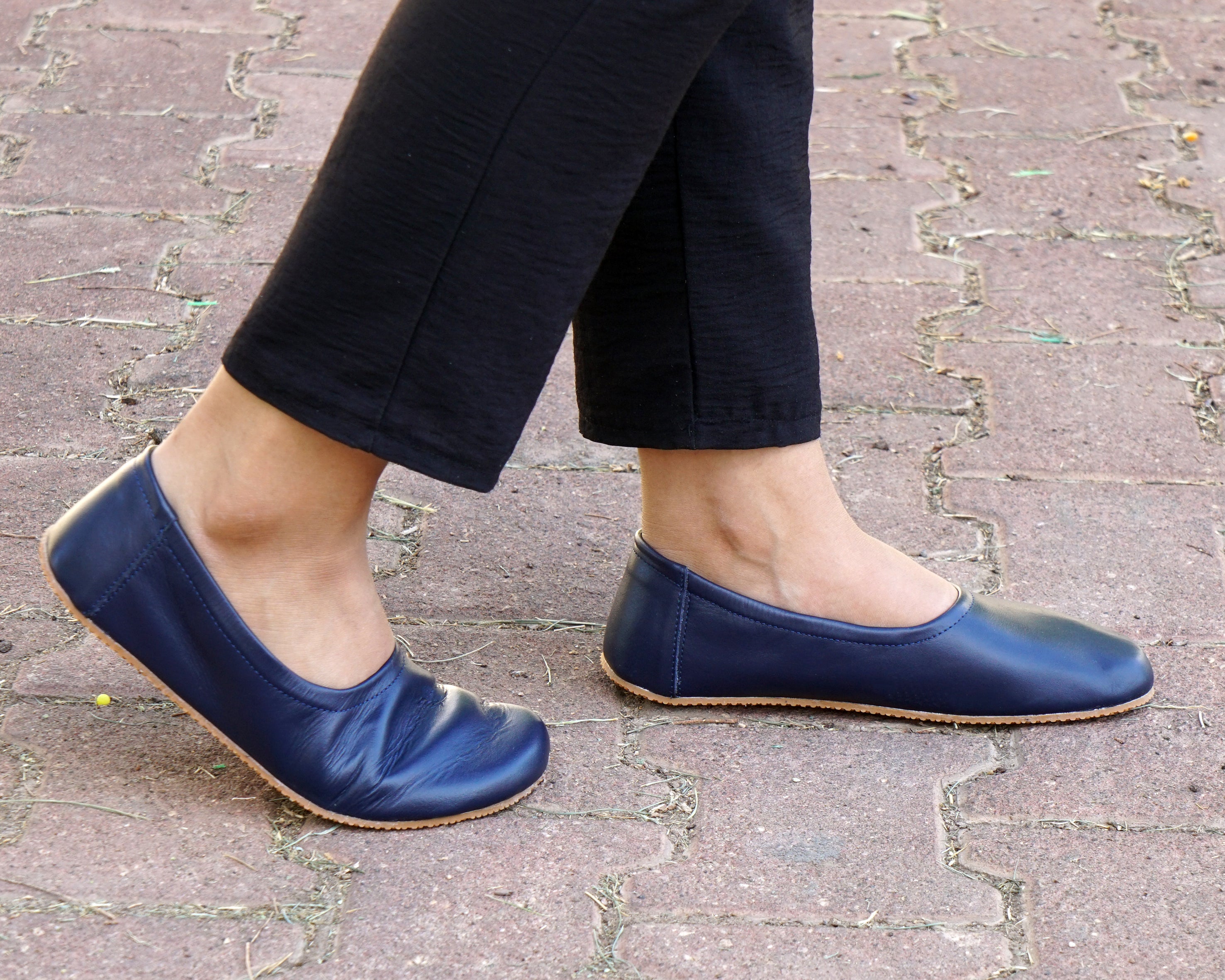 Navy Blue Women Flat Ballets Wide Barefoot Smooth Leather Handmade