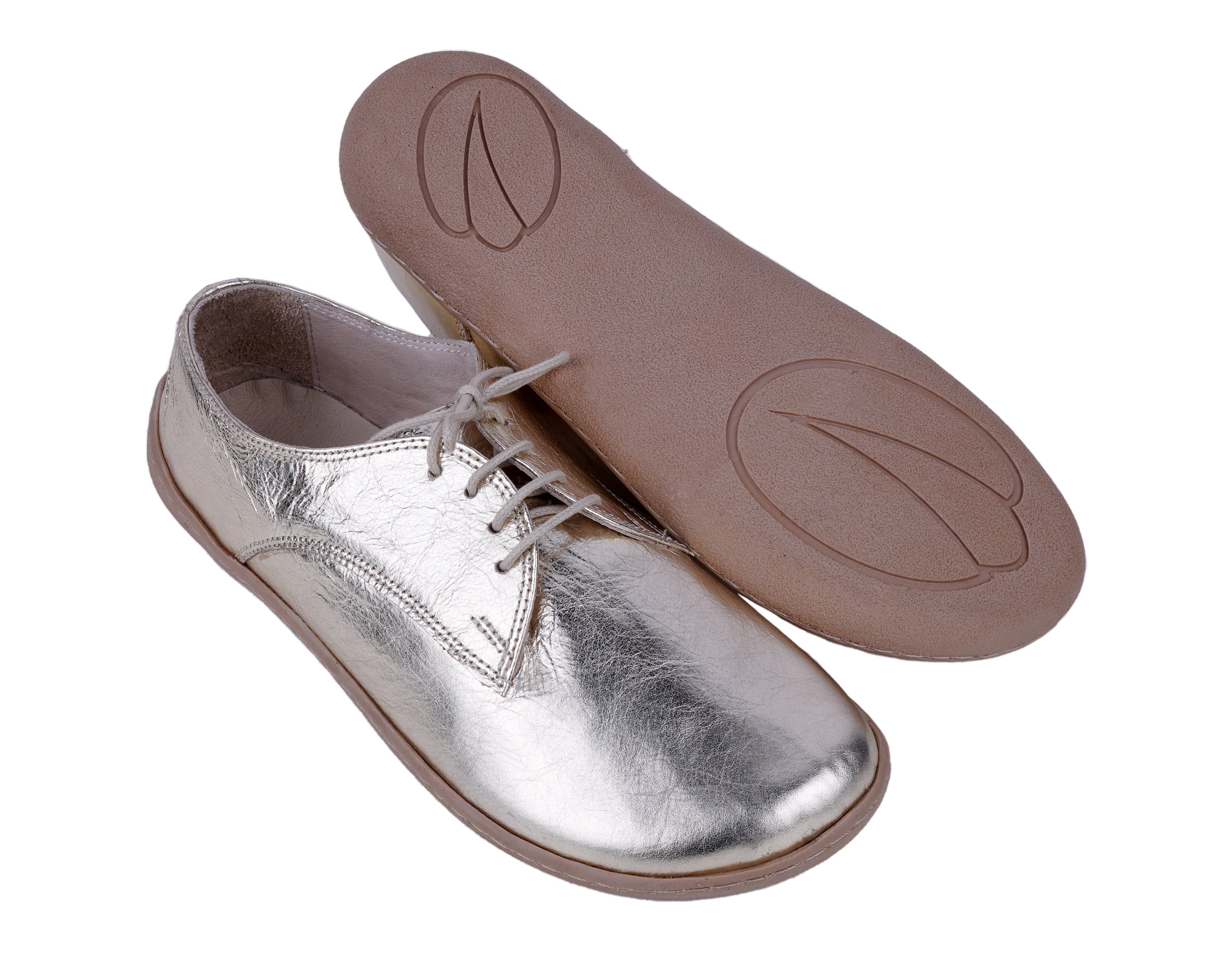 Gold Oxford Wide Barefoot Shoes Smooth Leather Handmade 6mm Rubber Outsole 