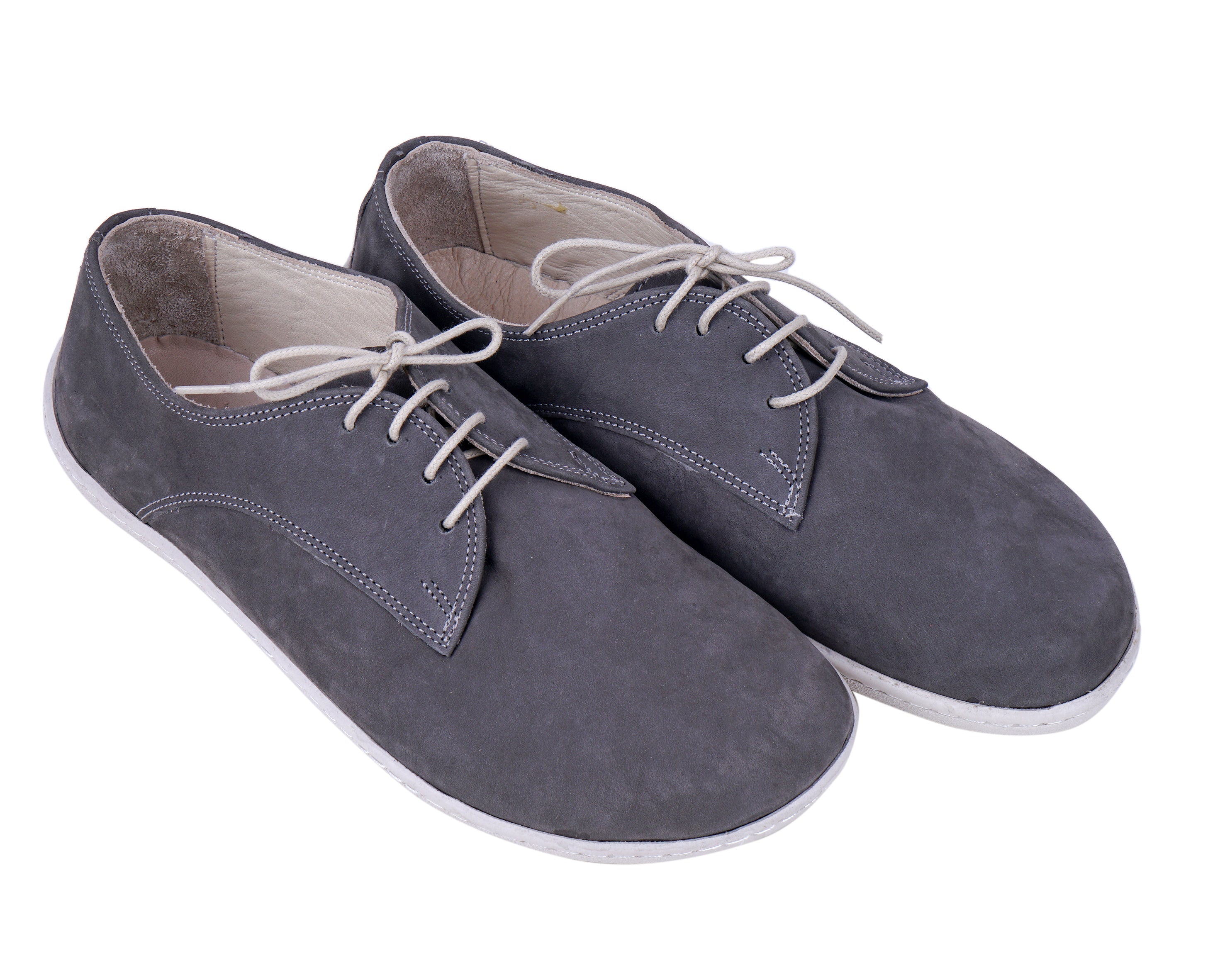 Gray Oxford Wide Barefoot Shoes Nubuck Leather Handmade 6mm Rubber Outsole 