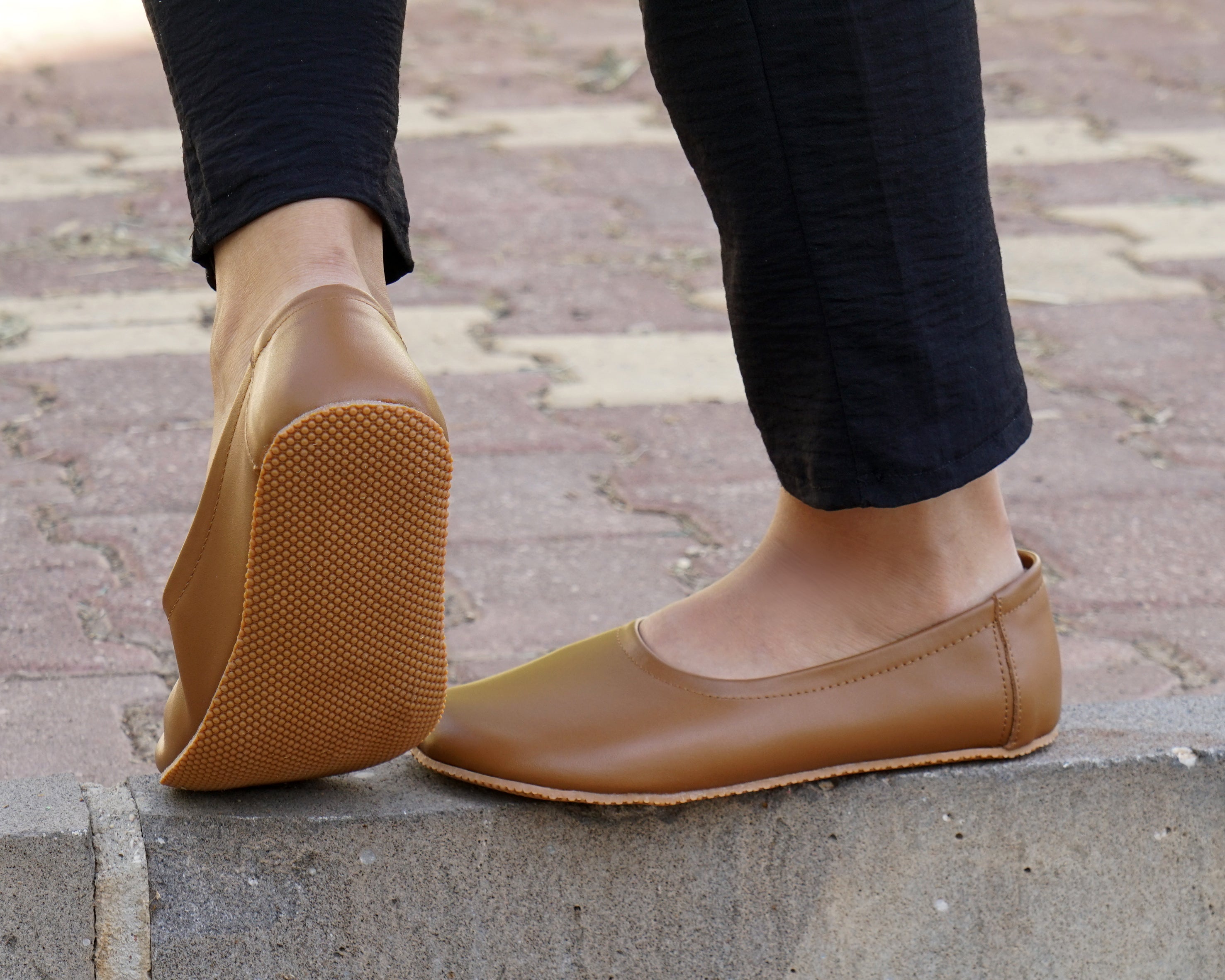 Tan Women Flat Ballets Wide Barefoot Smooth Leather Handmade