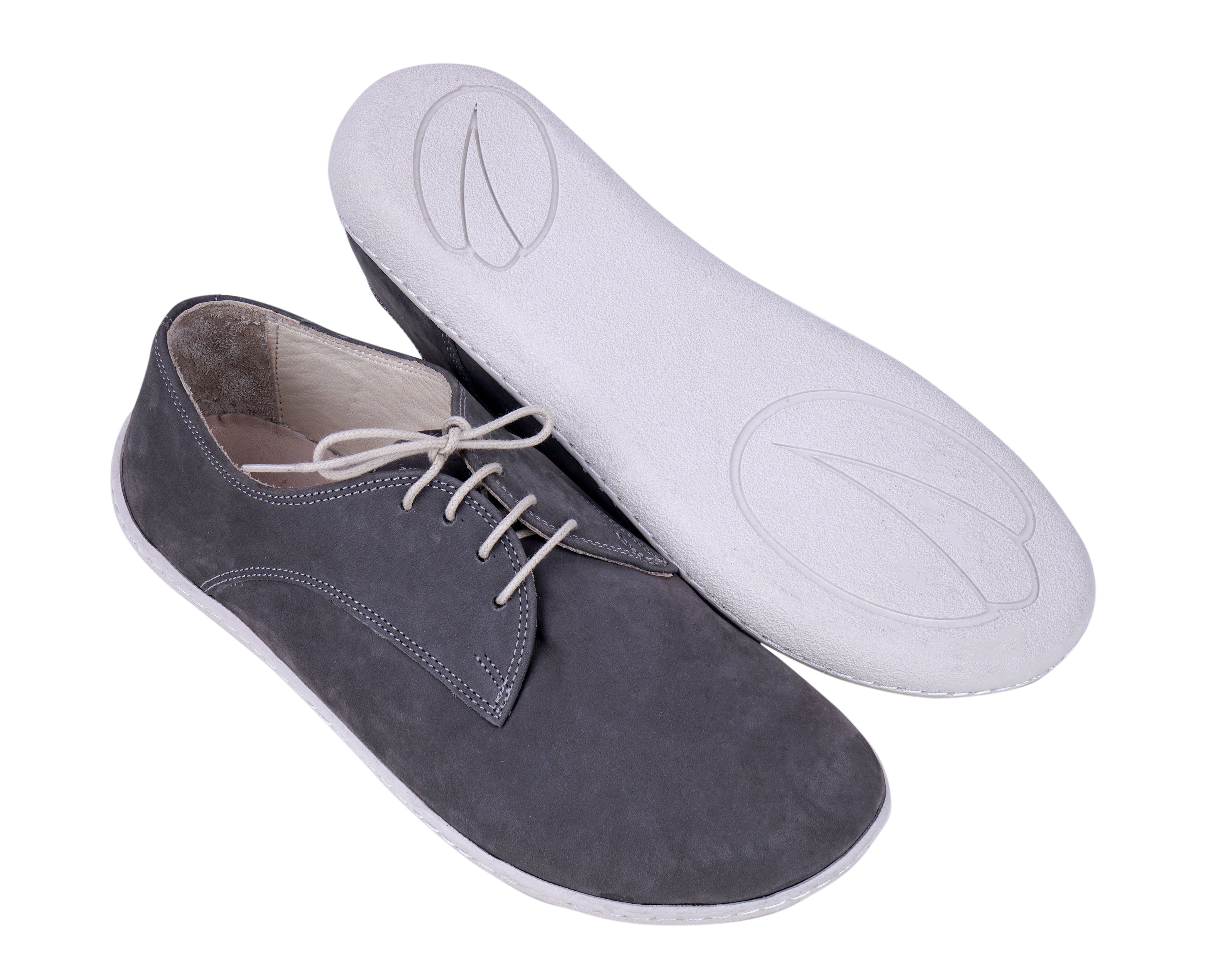 Gray Oxford Wide Barefoot Shoes Nubuck Leather Handmade 6mm Rubber Outsole