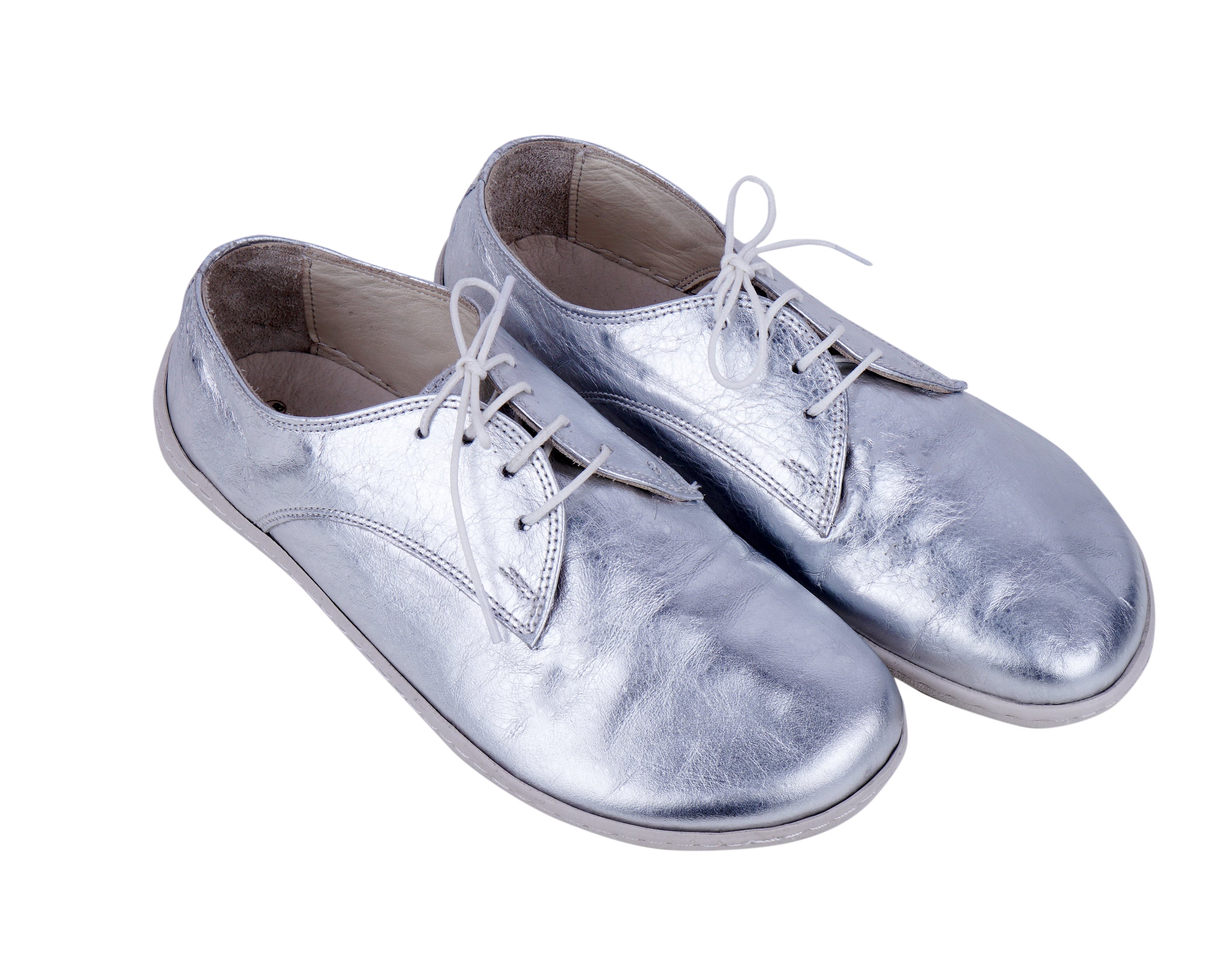Sılver Oxford Wide Barefoot Shoes Smooth Leather Handmade 6mm Rubber Outsole 